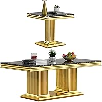 Vista 11 de Juego de 2 mesas de sala de estar, mesa auxiliar de mármol sintético y mesa consola dorada, mesa auxiliar rectangular de lujo blanca y dorada, juego
