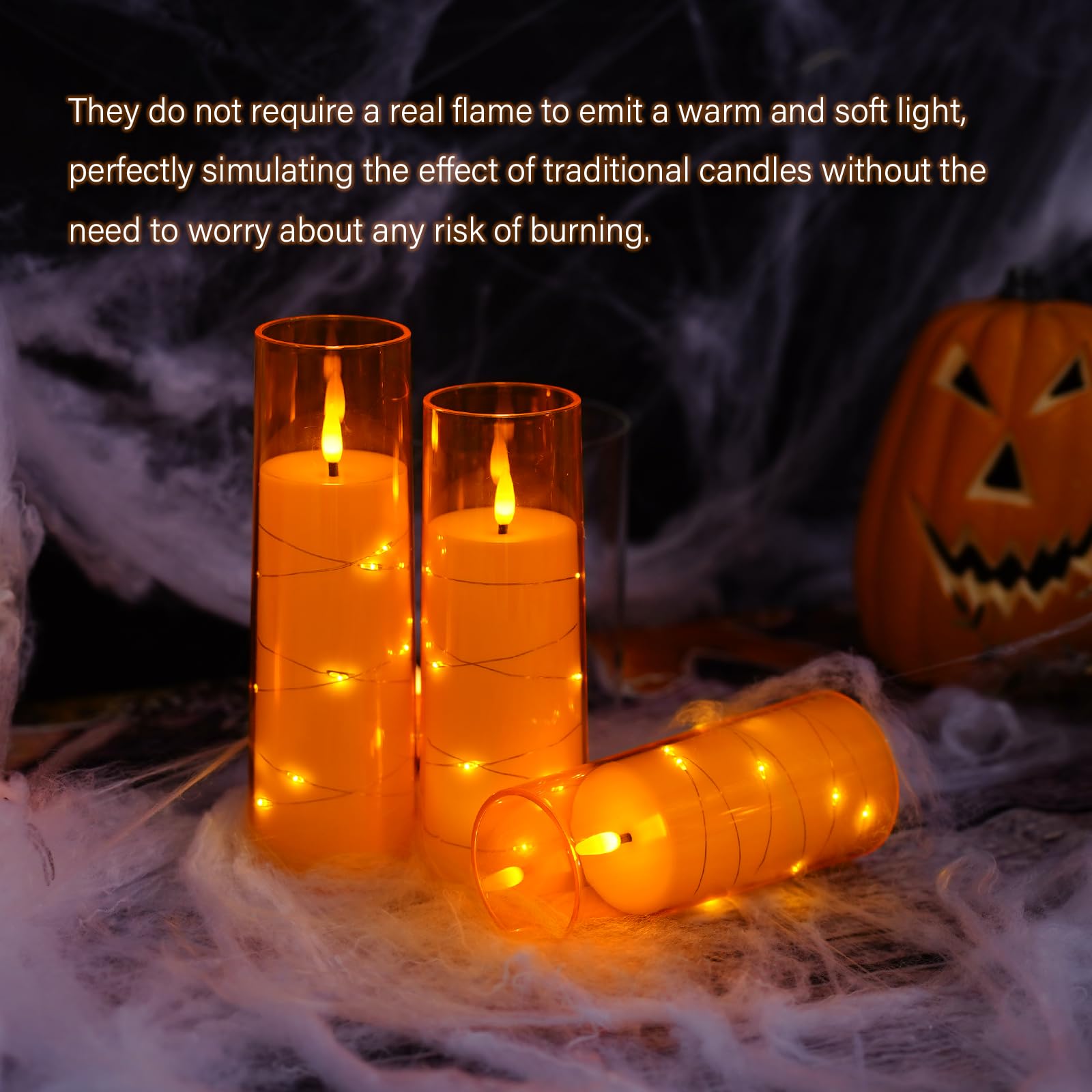 kakoya Lot de 5 bougies LED sans flamme vacillante avec minuteur pour ambiance romantique et décoration de la maison Coque en acrylique stable, avec chaîne d'étoiles intégrée, bougies à piles (orange)