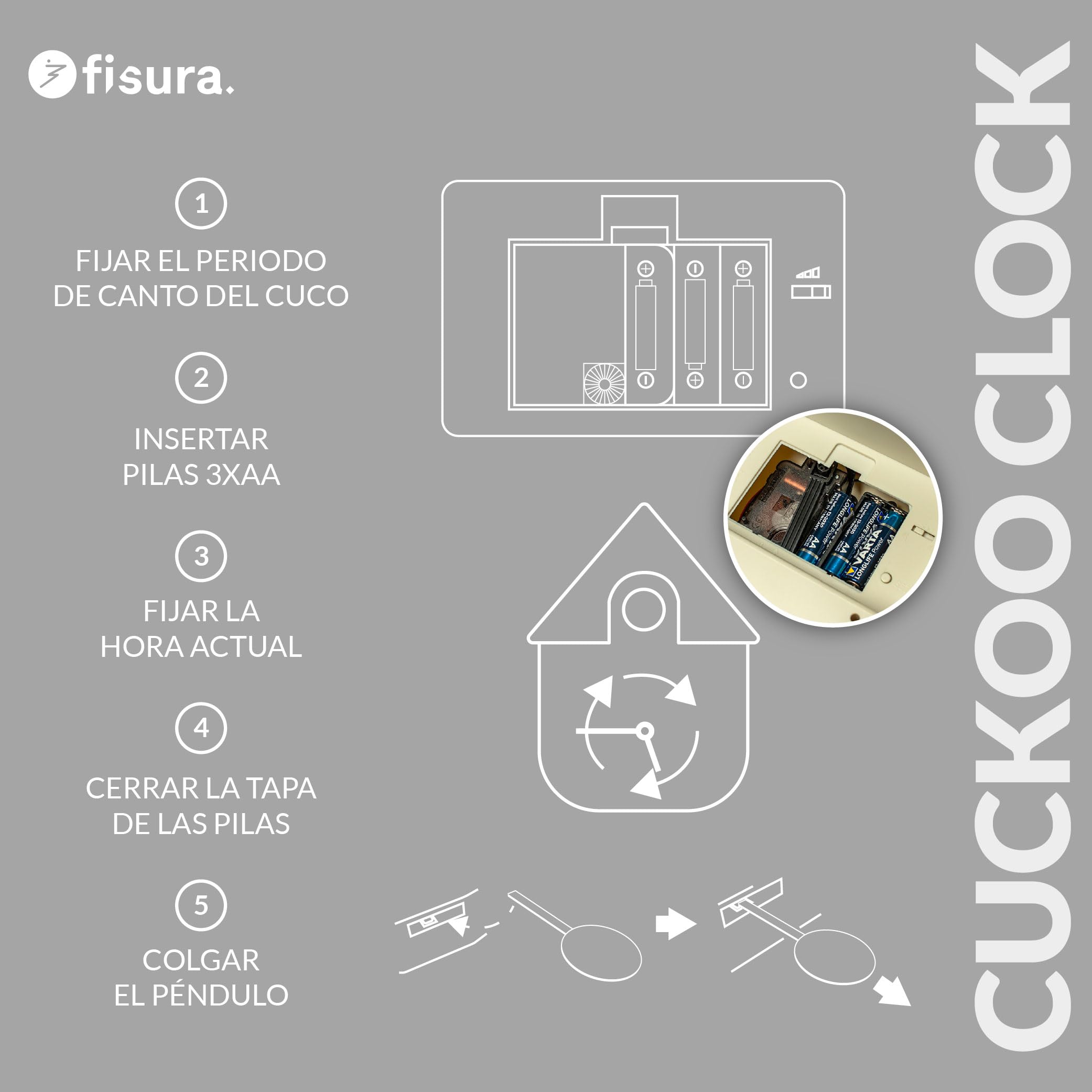 Fisura - Reloj de Cuco Blanco y dial Negro. Reloj Pared. Reloj Pared Original para Regalo. 3 Pilas AA no Incluidas. Medidas: 21,5 x 8 x 41,5. Plástico ABS.