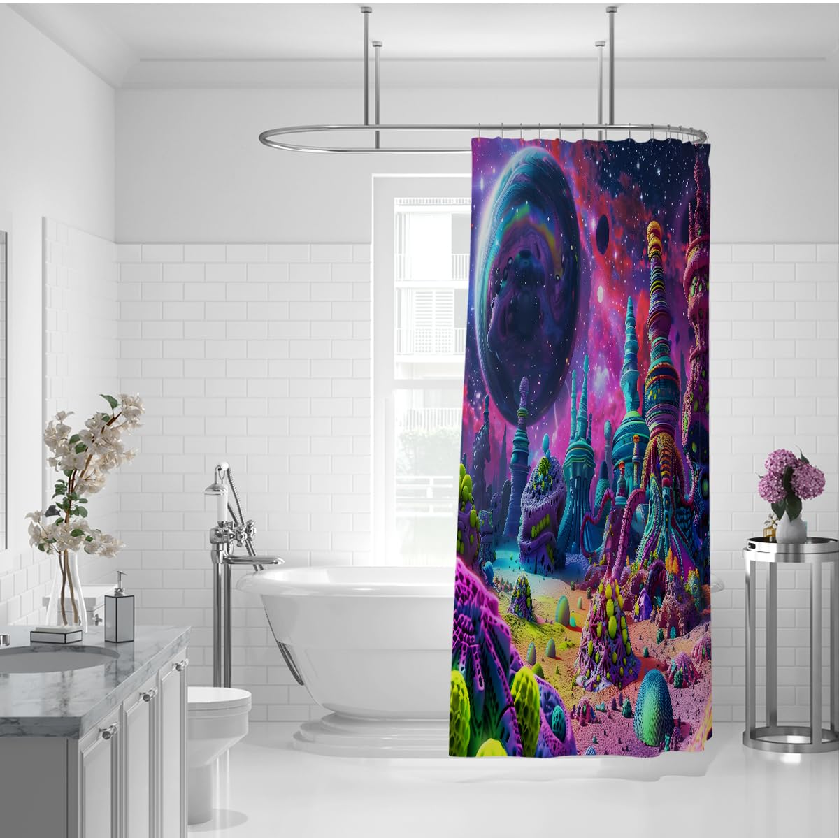 Kosmiczny ogród krajobraz zasłona prysznicowa fantasy oaza zasłona prysznicowa surrealizm kolorowe dekoracje łazienkowe wodoodporna tkanina poliestrowa 150 x 180 cm
