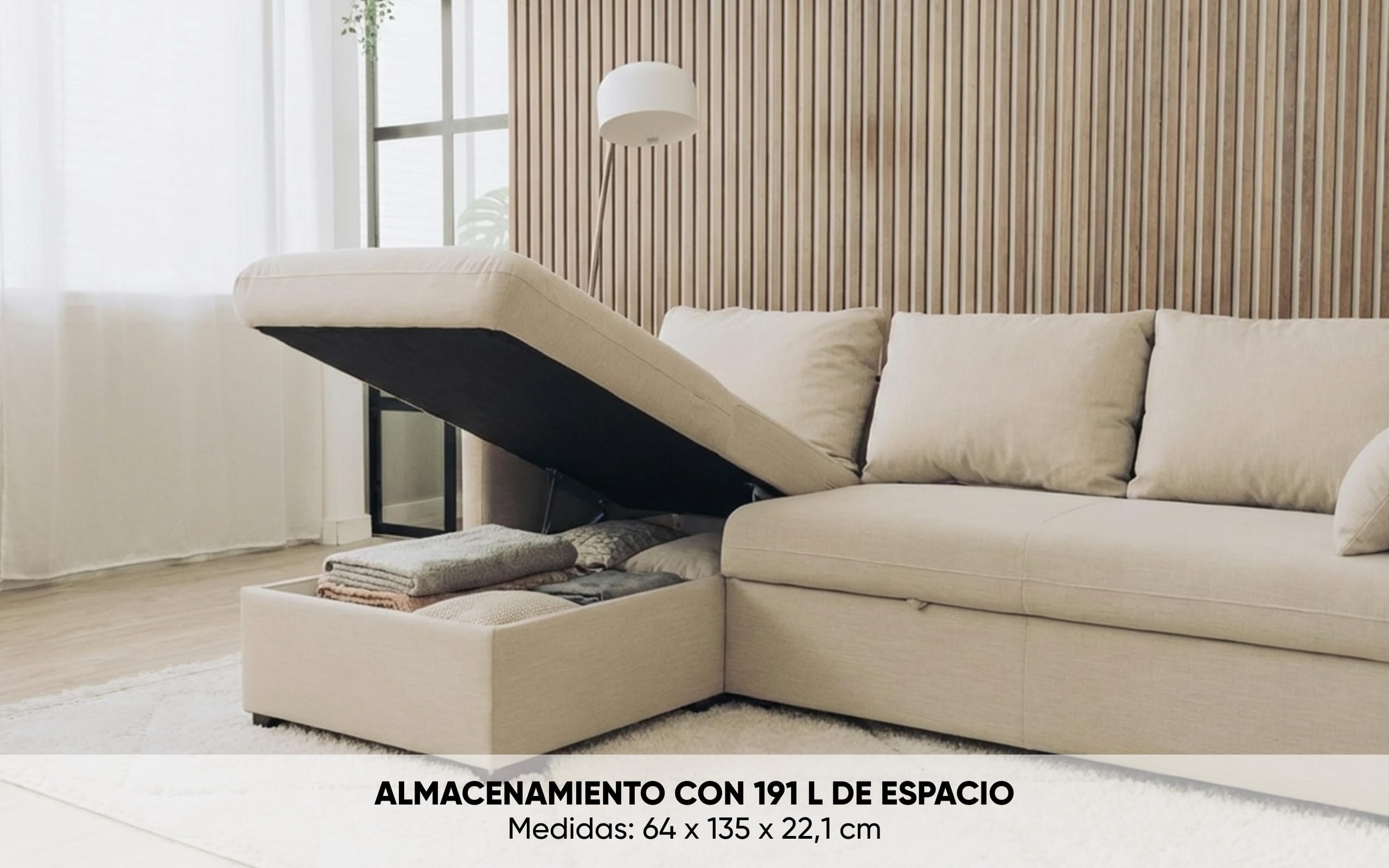 BUDWING Orlando Hogar Sofá Cama 3 Plazas Chaise Longue Esquinero Reversible Izquierda o Derecha con Arcón Tapizado Tela Beige Sofá de Salon Decoración de Hogar Cojines y Tapicería 221 x 162 x 90