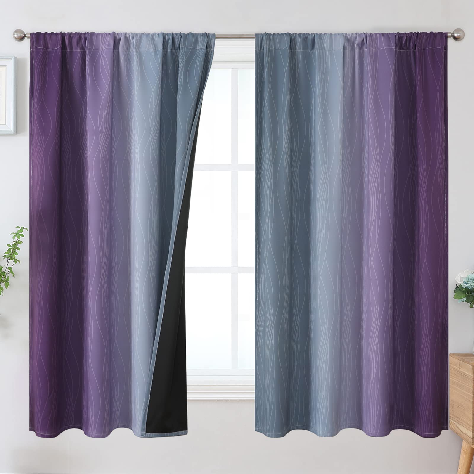 Estelar Textiler Purple and Grey Blackout Curtains for Girls Bedroom, Full Room Darkening Rod Pocket Ombre Curtains for Kids Room, Thermal Insulated