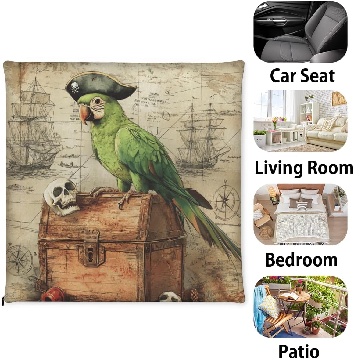 Green Parrot Vintage Seat Cushion Square Chair Cushions with Removable Cover Reversible Thick Chair Pads for Dining Kitchen Office