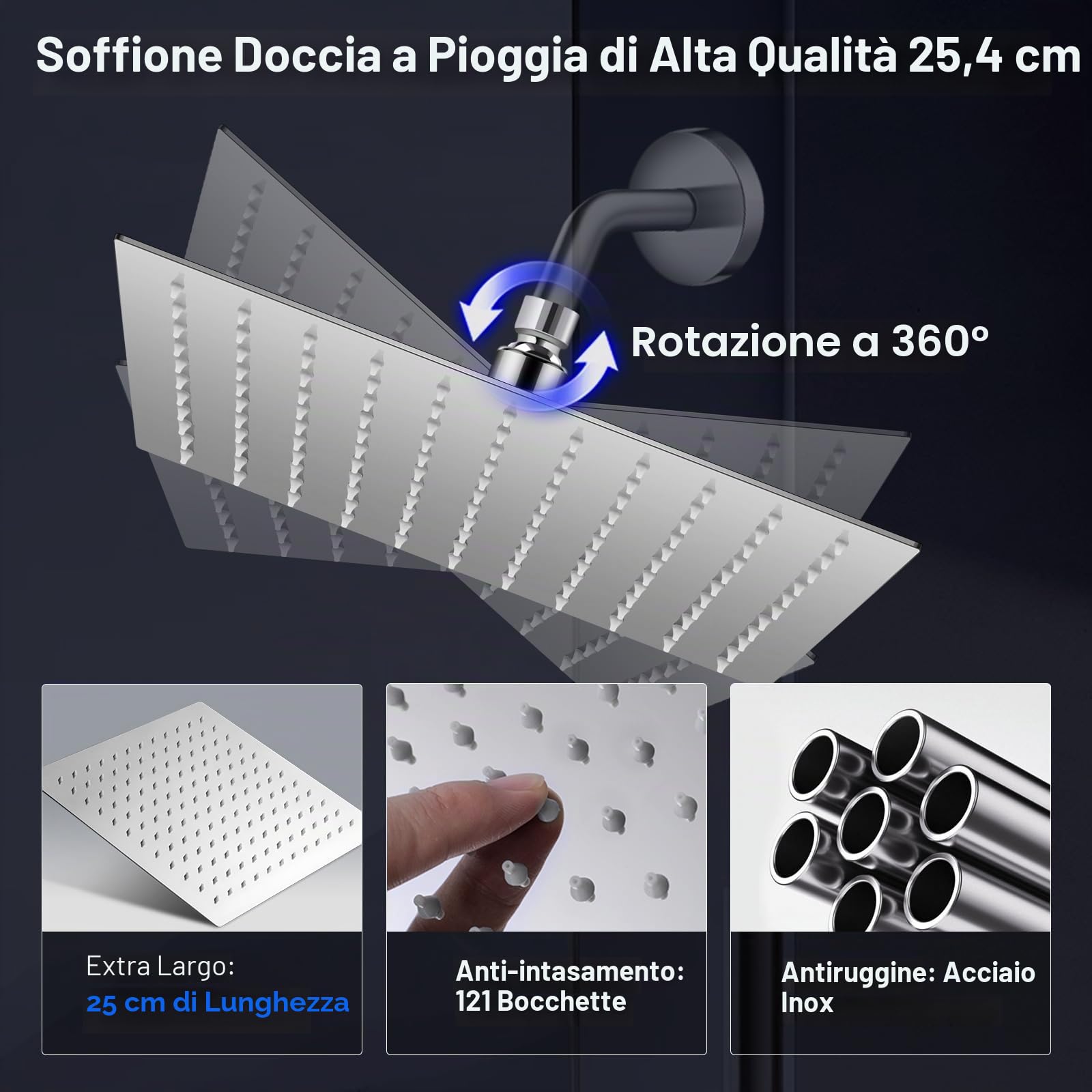 Soffione doccia a pioggia, soffione doccia a LED ad alta pressione da 25,4 cm, anti-intasamento, soffione fisso a pioggia con temperatura controllata che cambia colore, giunto a sfera in ottone