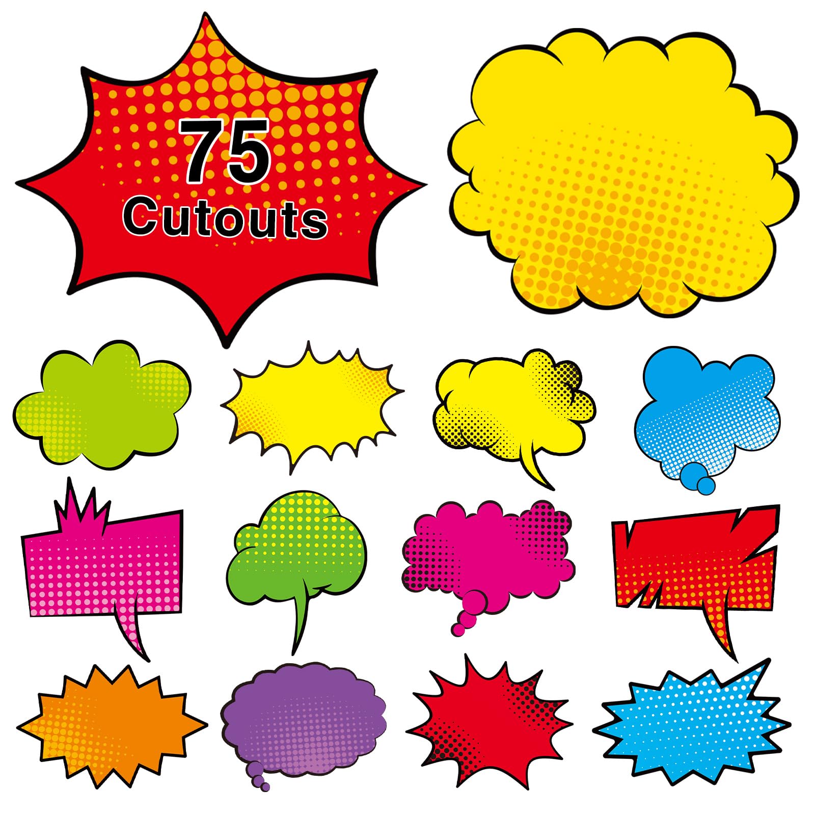 Recortes para tablón de anuncios de superhéroes, paquete de 75 decoraciones de fiesta de superhéroes cómics, 25 diseños únicos, recortes de cartón para niños, nombres de pared de la