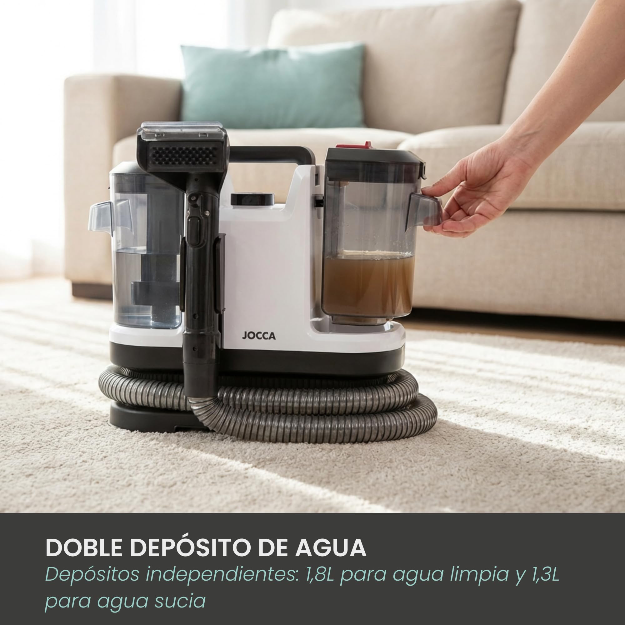 JOCCA - Aspirador de tapicerías con limpieza profunda por agua y vapor | Potente succión 12Kpa | Doble depósito 1800ml | Para sofás, alfombras, colchones | Compacto y ligero
