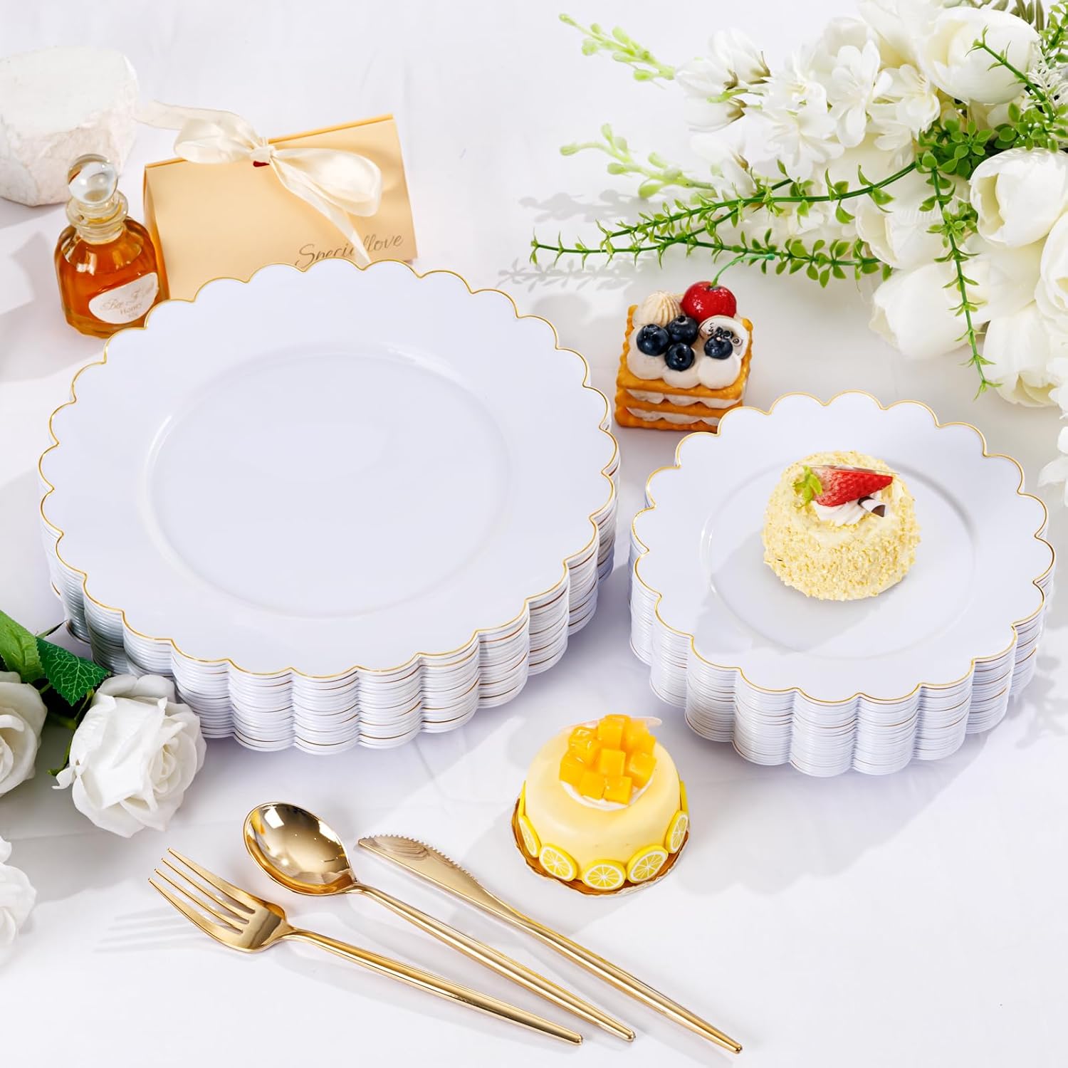 LIYH 60 Pcs Gold White Plastic Plates Scalloped Disposable Combo Includes 30 Dessert & 30 Dinner Plates for Valentines Day Birthday Wedding Party - Image 7