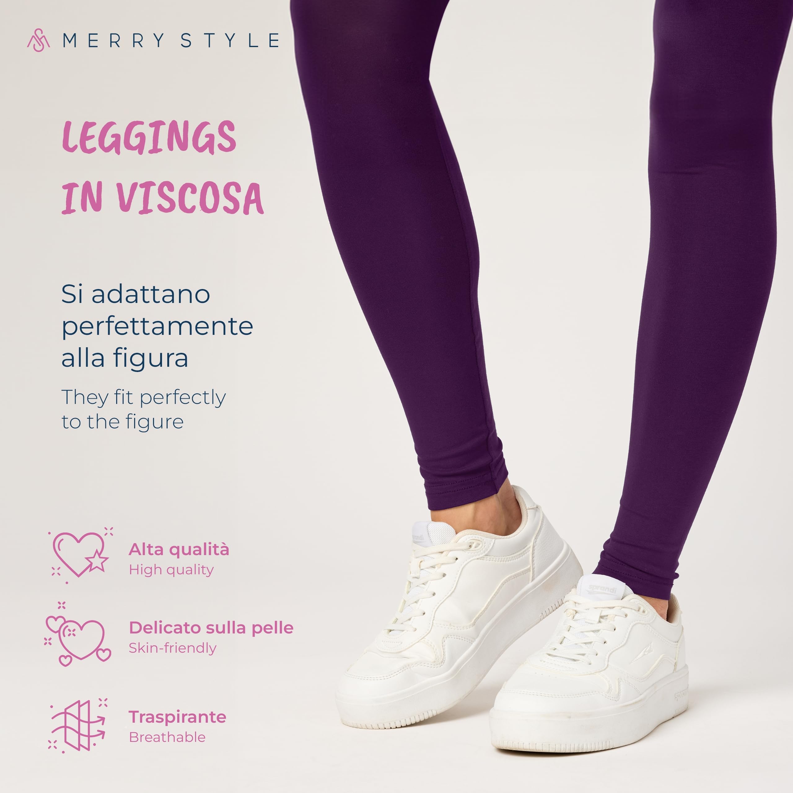 Merry Style Leggings Lunghi Donna in Viscosa con Elastan Ampia Pantaloni Donna Banda Elastica Leggins Donna per Casa Palestra Tempo Libero MS10-143