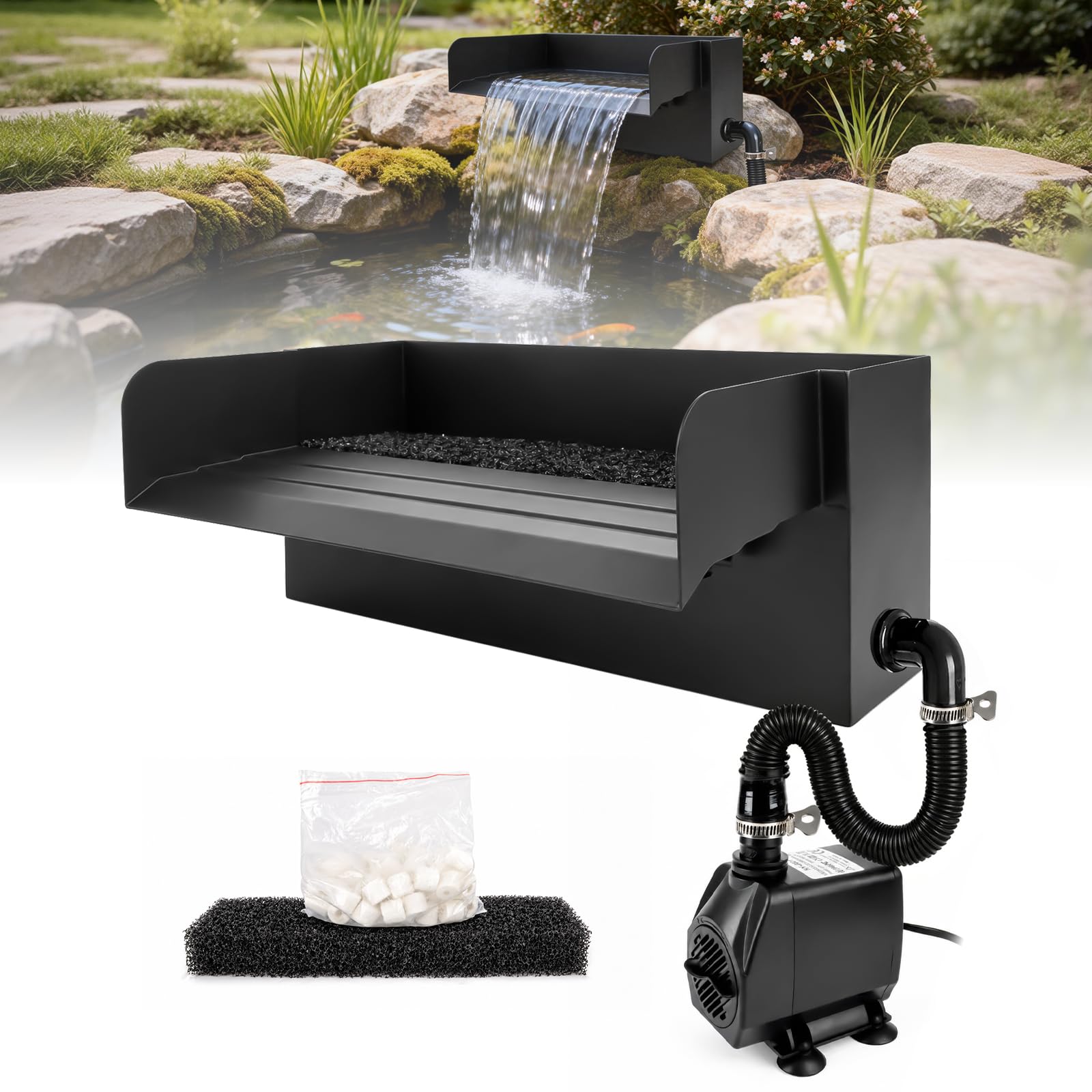 Edelstahl Wasserfall Set 30 cm 45 W 3500 L/h Pumpe 3 m Schlauch Garten Teich