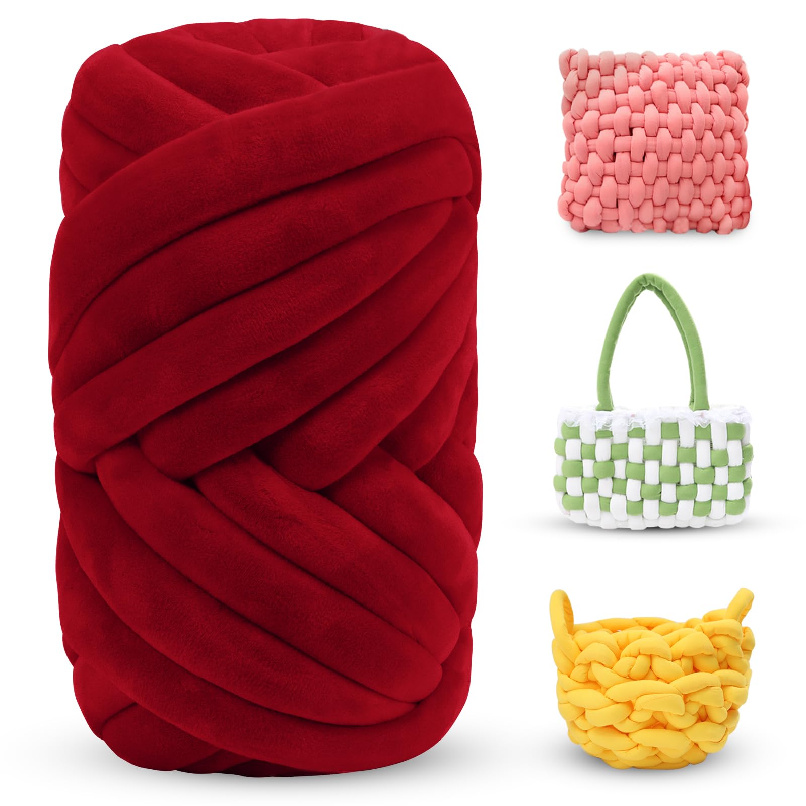 LEREATI Thick Chunky Yarn for Arm Knitting Jumbo Tube Soft Chunky Knit Blanket Velvet Yarn for Crocheting Handbags Hand Knitting Pet Bed Rugs Pillows Crafts (250g, Red)