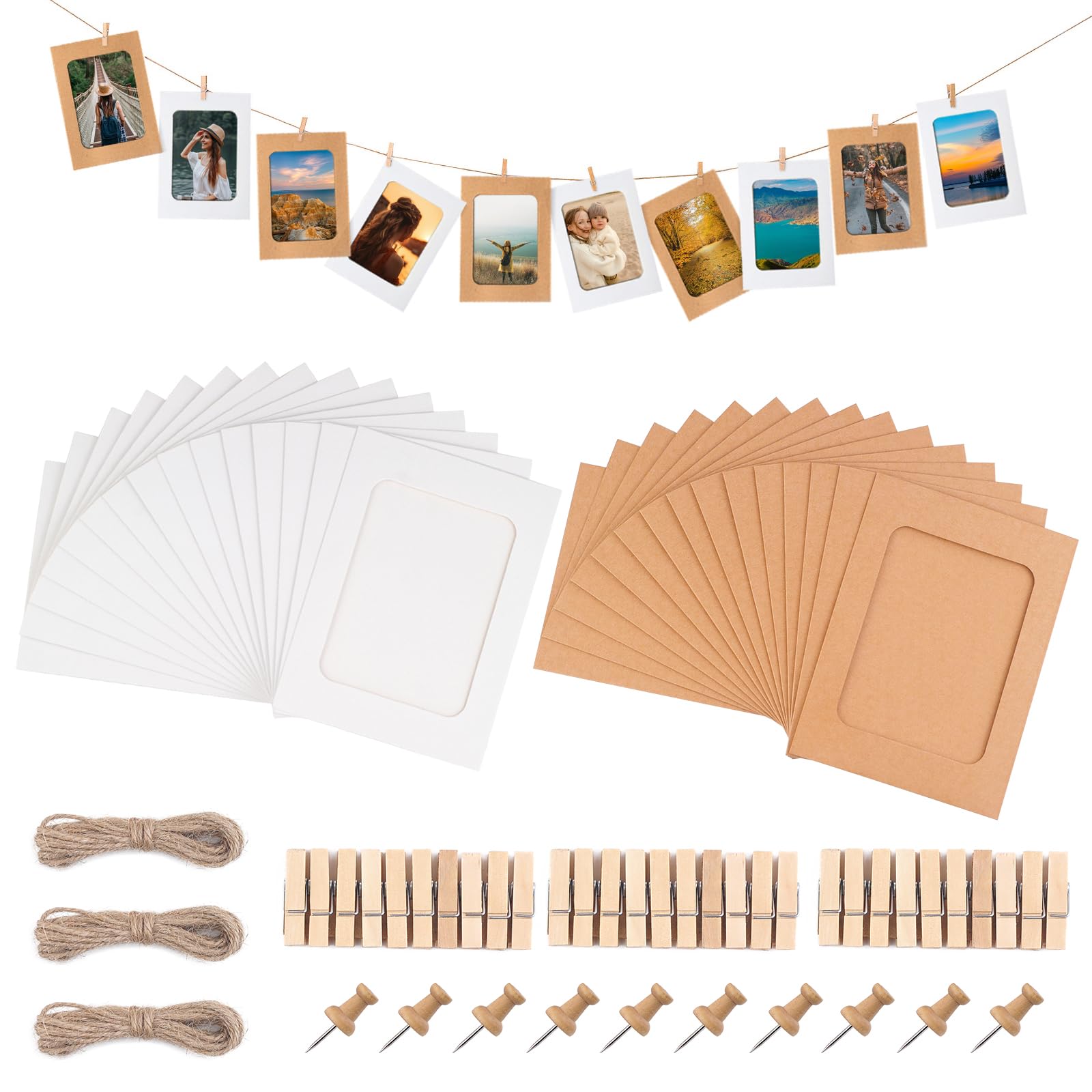 JINTANG 30 Pcs cardboard photo frames,6x4 Inch Paper Photo Frame,hanging picture display frames,DIY photo wall display with 30 pcs photo clips and 3 pcs string Set (White+Brown)