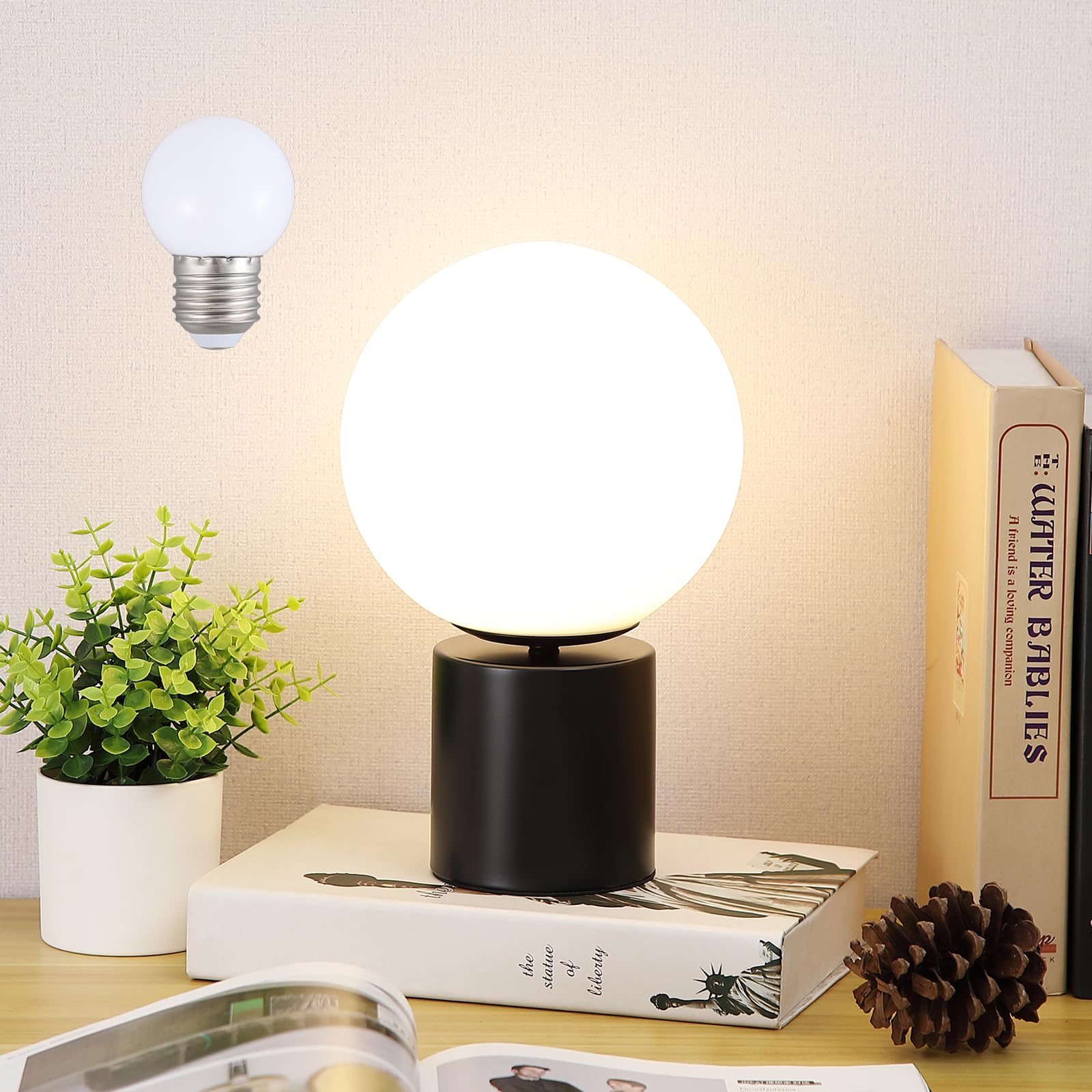 11 Inch Modern Mid Century Black Globe Table Lamp,Round Bedside Nightstand Lamp with White Glass Shade Metal Base Desk Lamp for Bedroom Living Room End Table,Bulb Included
