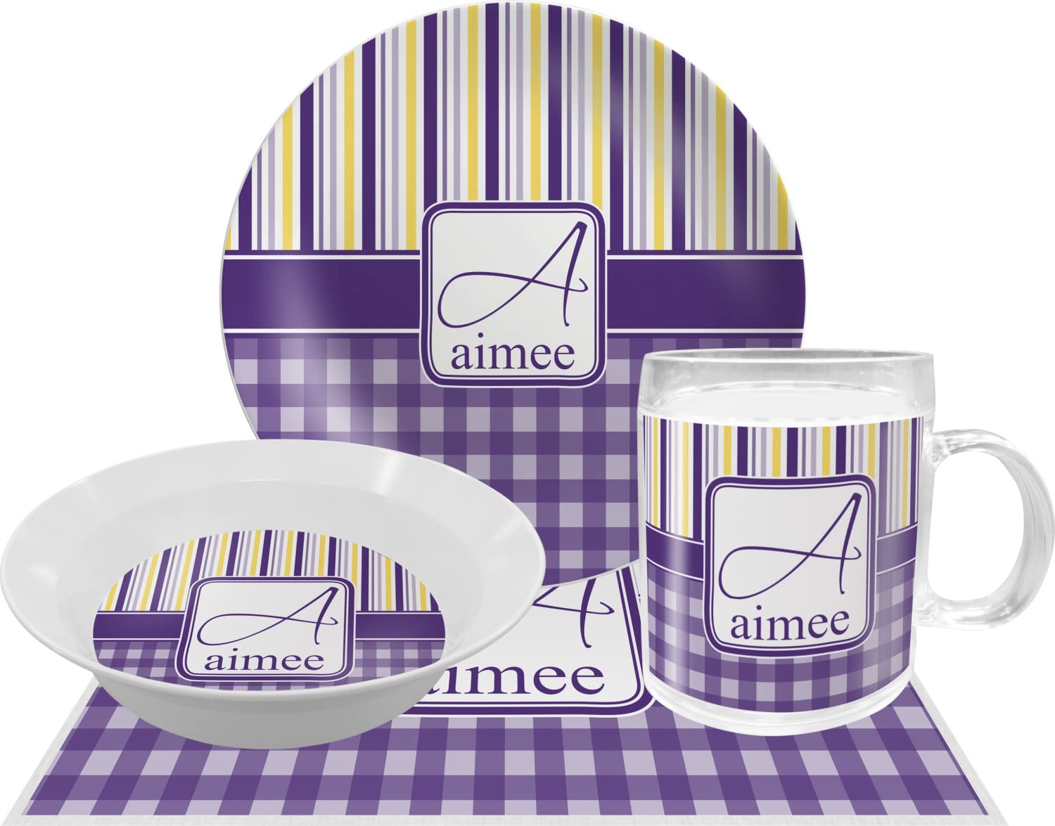 Personalized Purple Gingham & Stripe Melamine Bowl - 12 oz