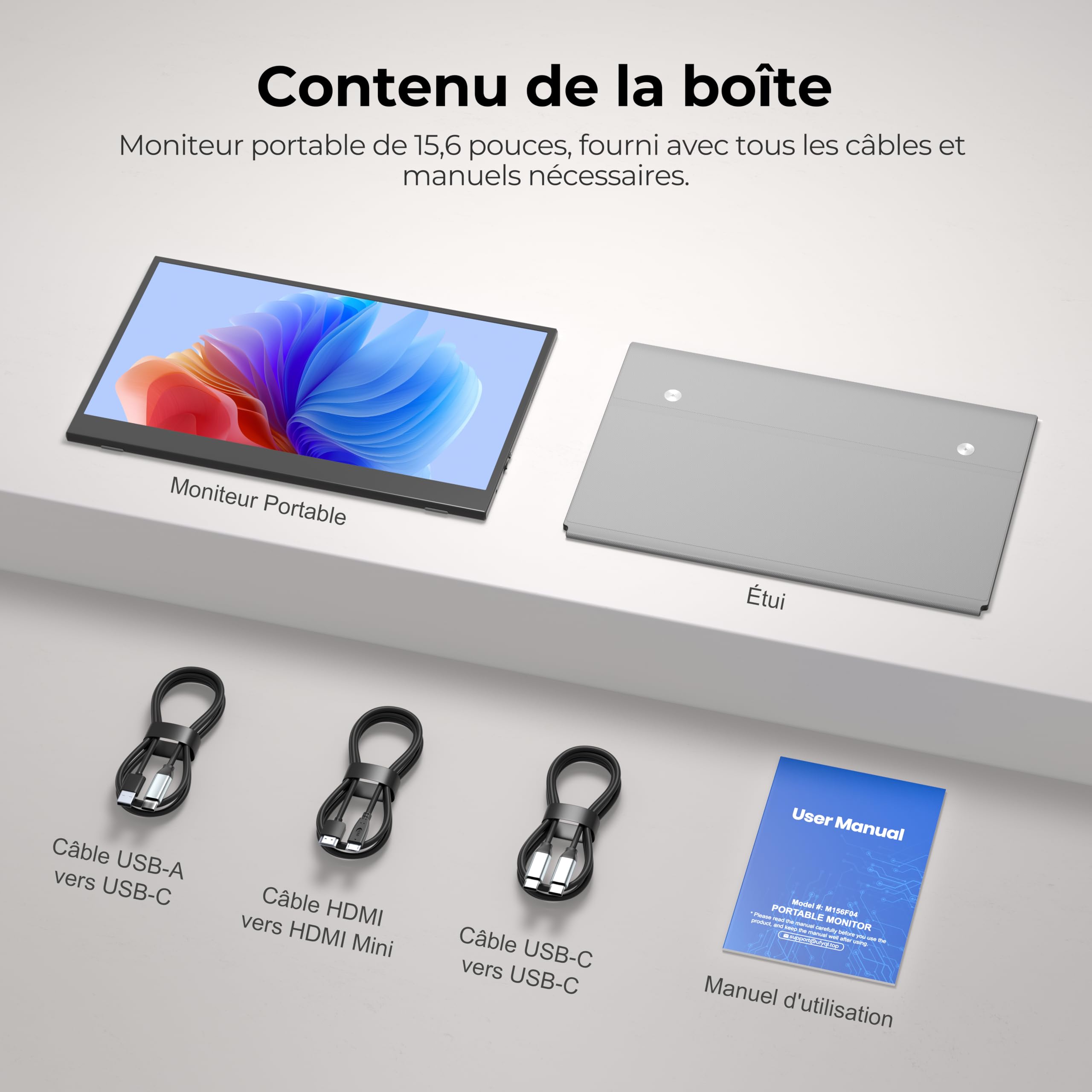 UFYQL 15,6" Écran Portable FHD 1080P 60Hz IPS Mate | Housse intelligente, haut-parleurs, VESA 75×75 mm, HDR, écran d’extension pour PC / Mac / portable / Xbox / PS / Switch