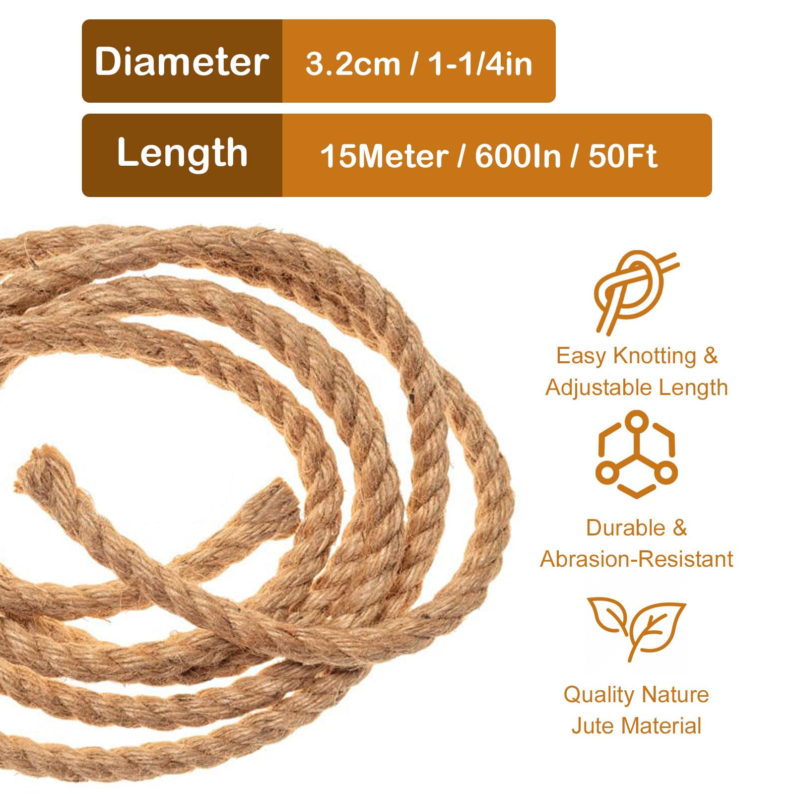 Goyappin Thick Twisted Manila Ropes 1-1/4 inches x 50 feet Natural Jute Rope Heavy Duty Hemp Rope for Swing Bed, Crafts, Railing, Tug of War, Landscaping, Gardening, Bundling, Hammock, Home Decorating