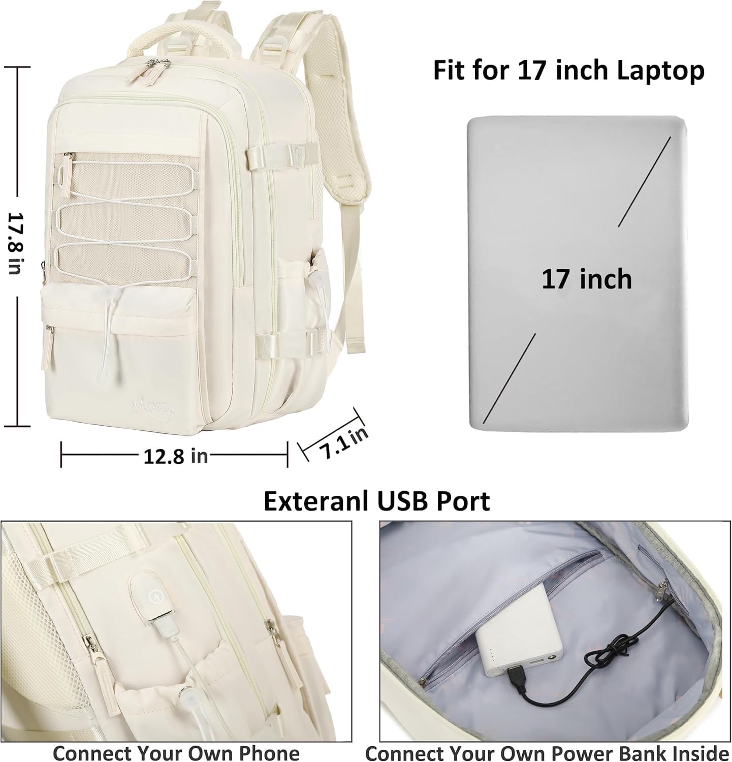 Travel Backpack for Women Men 17 Inch Laptop Backpacks with USB Port Carry on Bag Airline Approved Large College School Bookbags Waterproof Work Business Sport Rucksack Casual Daypack (White) 17 Inch White image 6 of 7 B0CB7LDL96