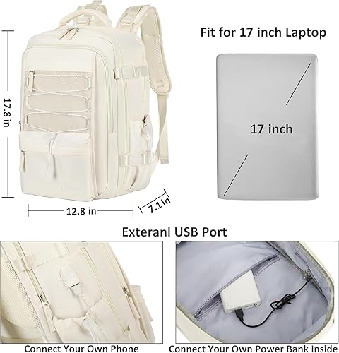 Miniatura 6 de AO ALI VICTORY Mochila de viaje para mujeres y hombres, mochilas para laptop con puerto USB, mochila grande para escuela, universidad, Blanco,