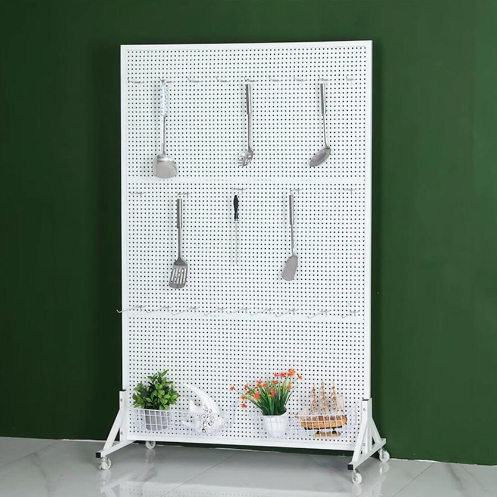 Expositor de metal con panel perforado y 20 ganchos, organizador independiente para tiendas minoristas y ferias de artesanía, sistema de almacenamiento de paneles perforados (blanco, 50 x 40 x 150 c