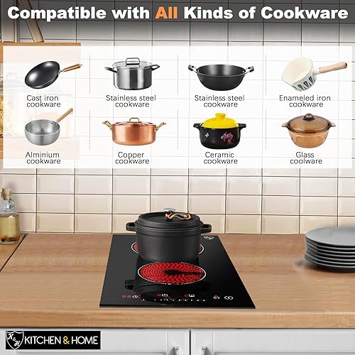 Miniatura 5 de K&H 2 dos quemadores duales de 12 pulgadas incorporada estufa eléctrica superior radiante de cerámica para estufa con control deslizante de 240 V