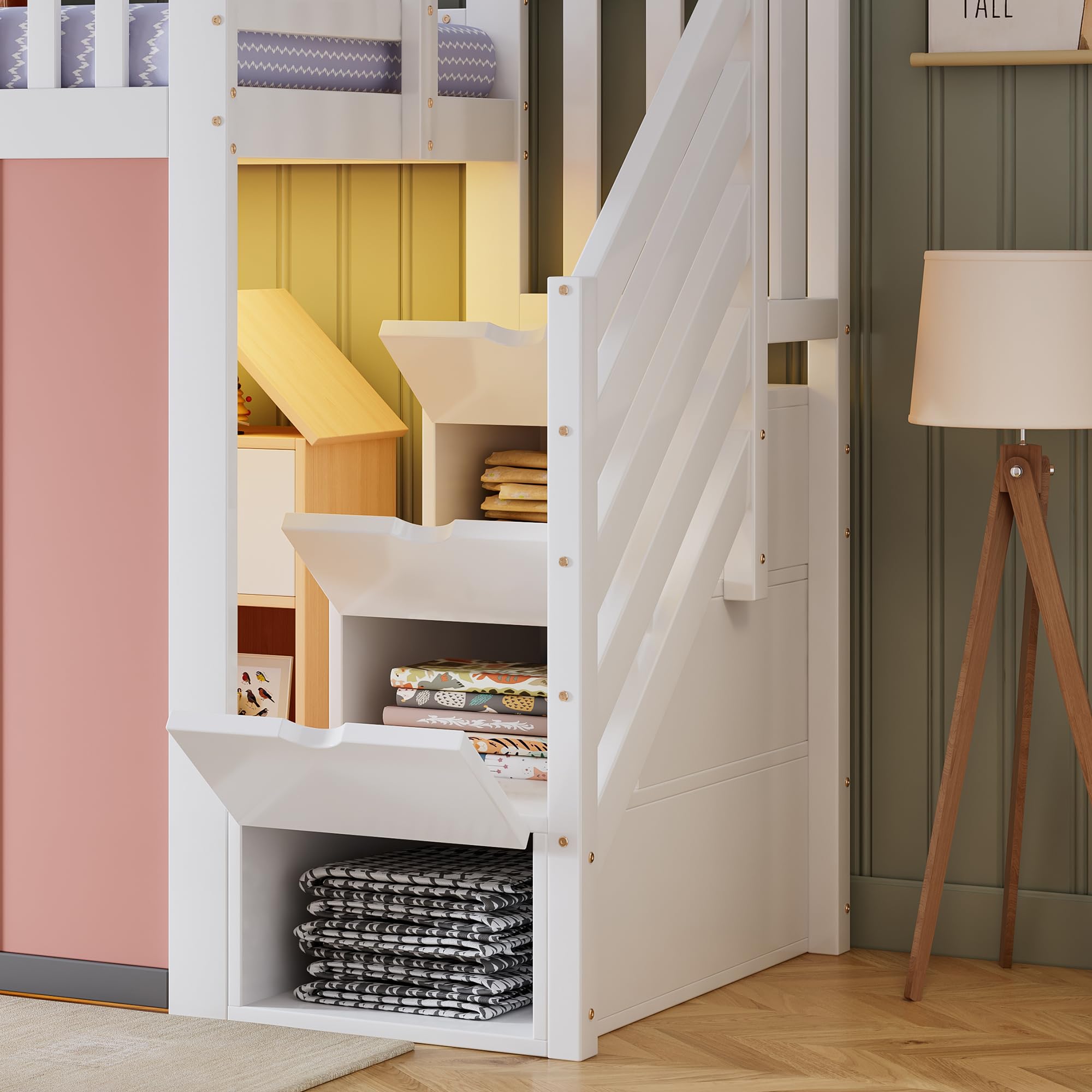 Lit Mezzanine 90x200 cm Blanc Rose Lit Mezzanine 1 Place avec Escalier Rangement LED Éclairage Rausfallschutz Décoration Chambre D'Adolescent Sécurisé Design Moderne