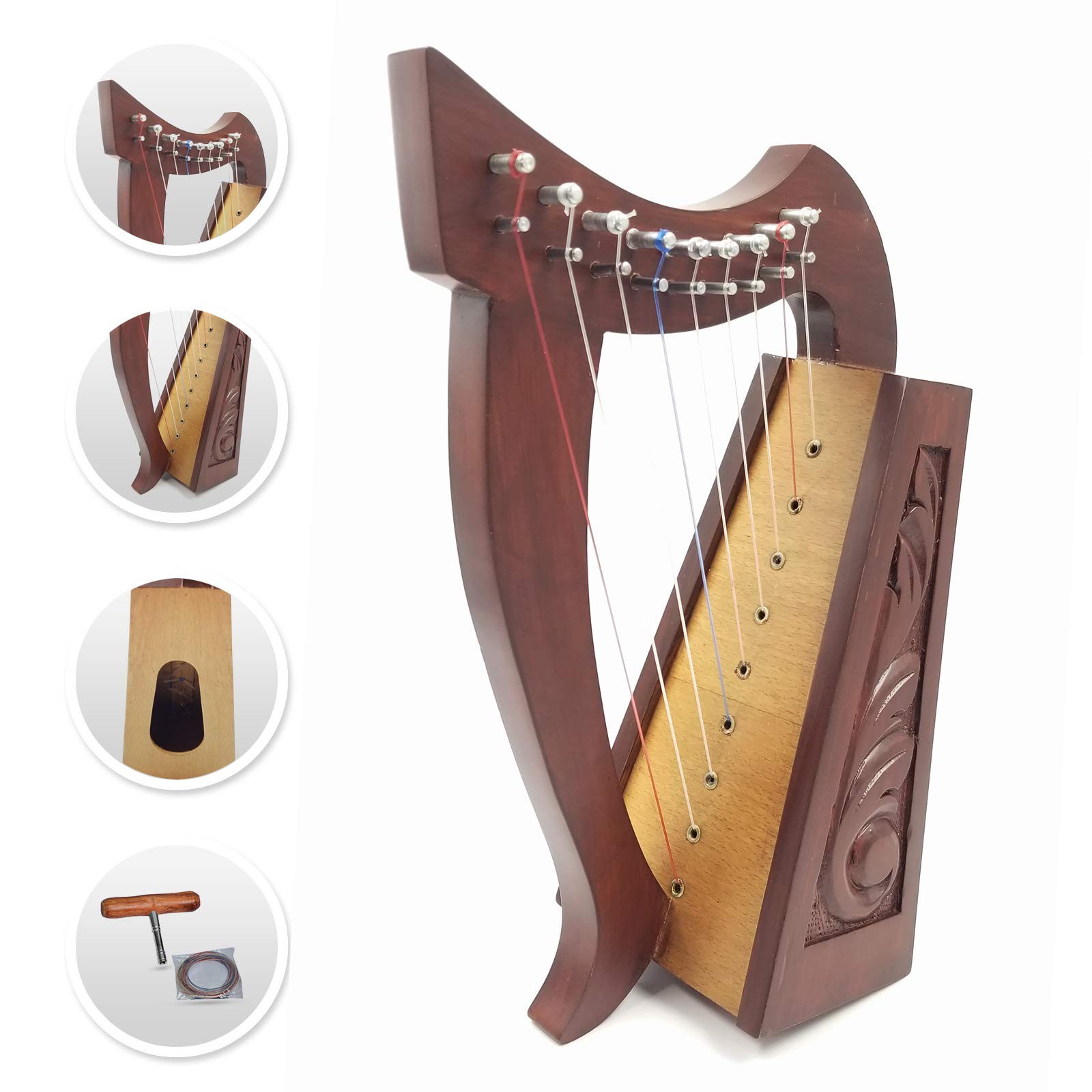 9 Strings nylon Celtic Irish Harp solid Rosewood Natural finish tunnig key extra strings set