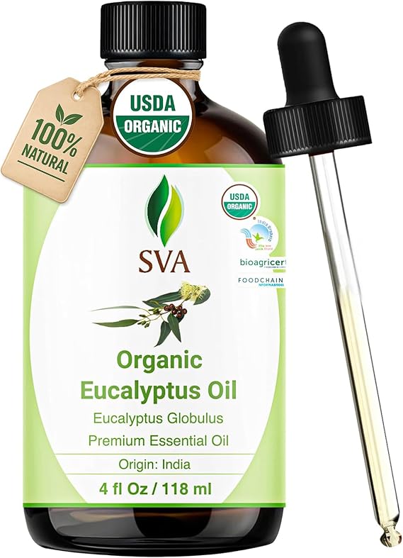 زيت الأوكالبتوس العطري العضوي SVA 4 Fl Oz 100% زيت الأوكالبتوس العضوي الطبيعي - للناشر والشعر والوجه والعناية بالبشرة والعلاج العطري وتدليك فروة الرأس والجسم وصنع الصابون والشموع - مع قطارة