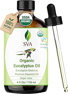 زيت الأوكالبتوس العطري العضوي SVA 4 Fl Oz 100% زيت الأوكالبتوس العضوي الطبيعي - للناشر والشعر والوجه والعناية بالبشرة والعلاج العطري وتدليك فروة الرأس والجسم وصنع الصابون والشموع - مع قطارة