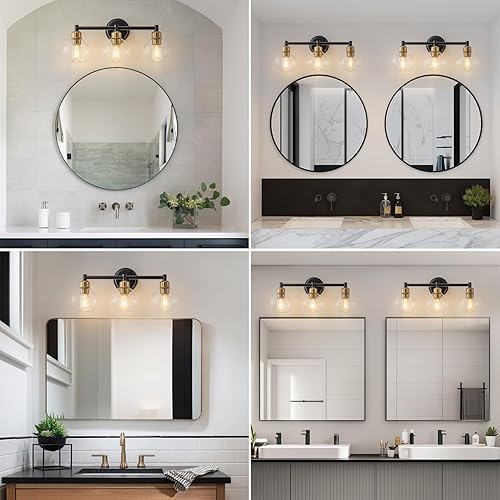 Miniatura 6 de Lámparas de baño, lámpara de tocador de baño moderna de 3 luces, aplique de pared negro y dorado con pantallas de globo de vidrio transparente,