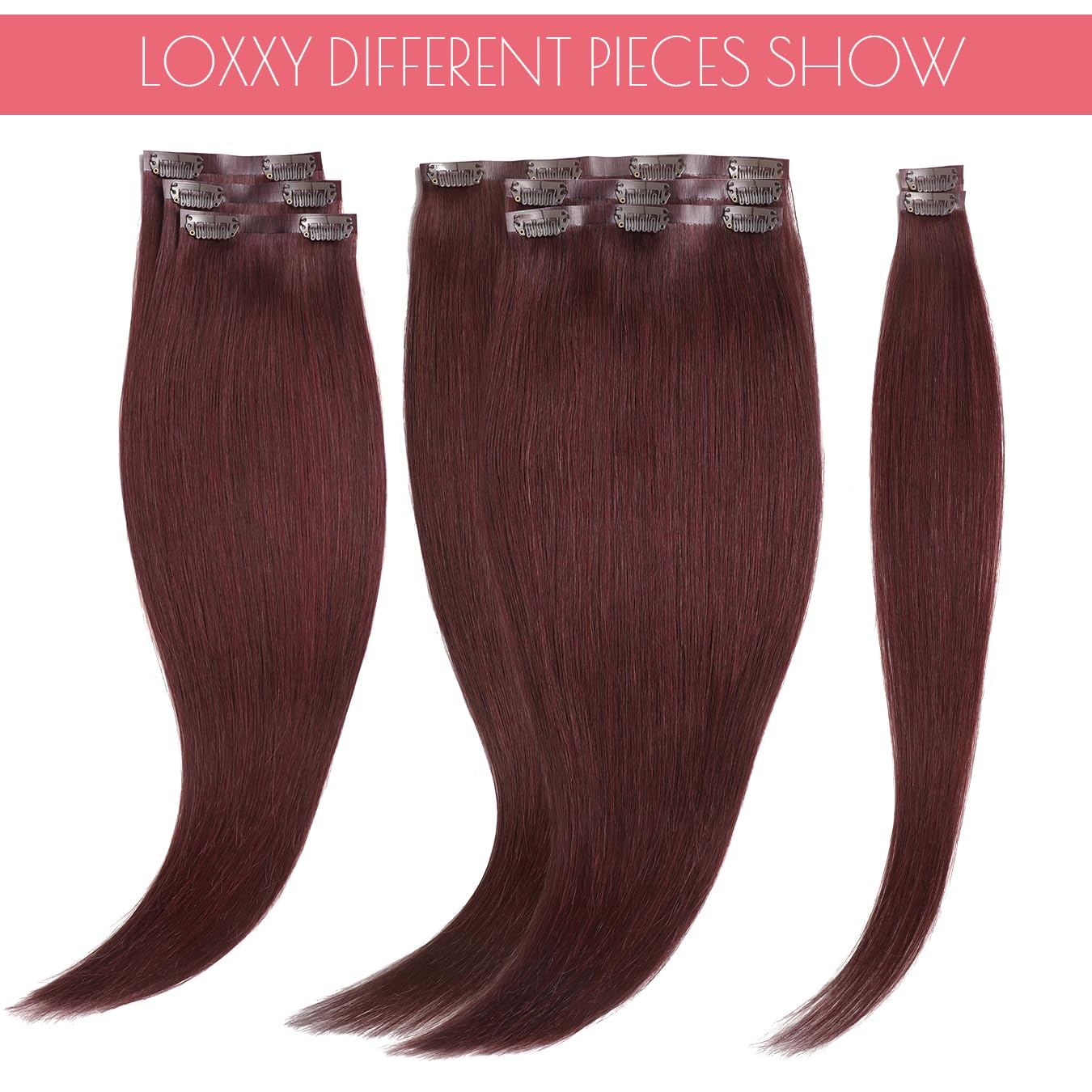 Loxxy Burgundy Clip in Hair Extensions Black Women - Dark Red Seamless Clip in Hair Extensions Human Hair - 20 Inch 8 Pcs 110g, Invisible PU Weft for Thin Hair