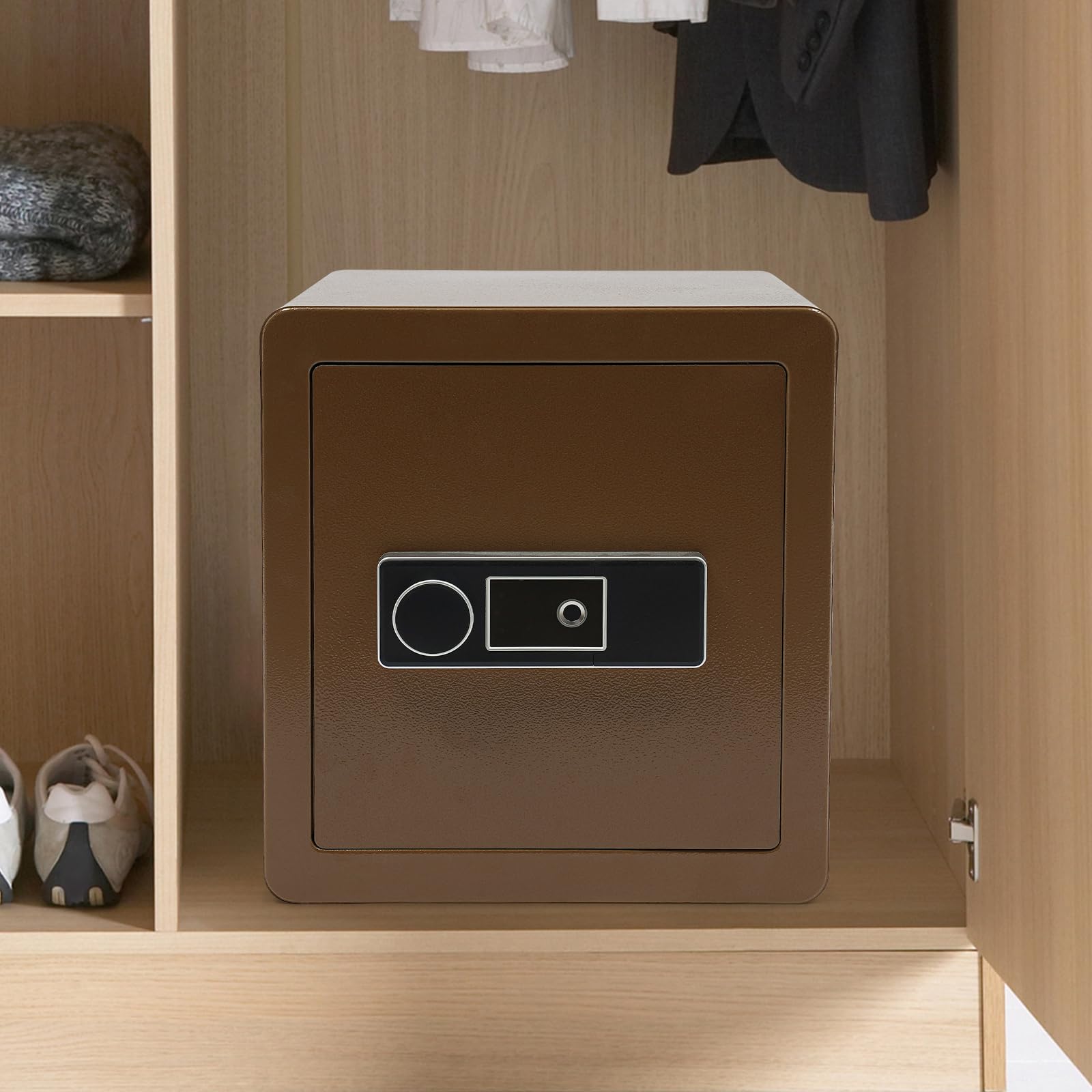 Cassaforte Biometrica 45 L Cassaforte di sicurezza con impronte digitali in acciaio, ripiano rimovibile, chiave di emergenza inclusa, 16 impronte per casa e ufficio (caffè dorato)