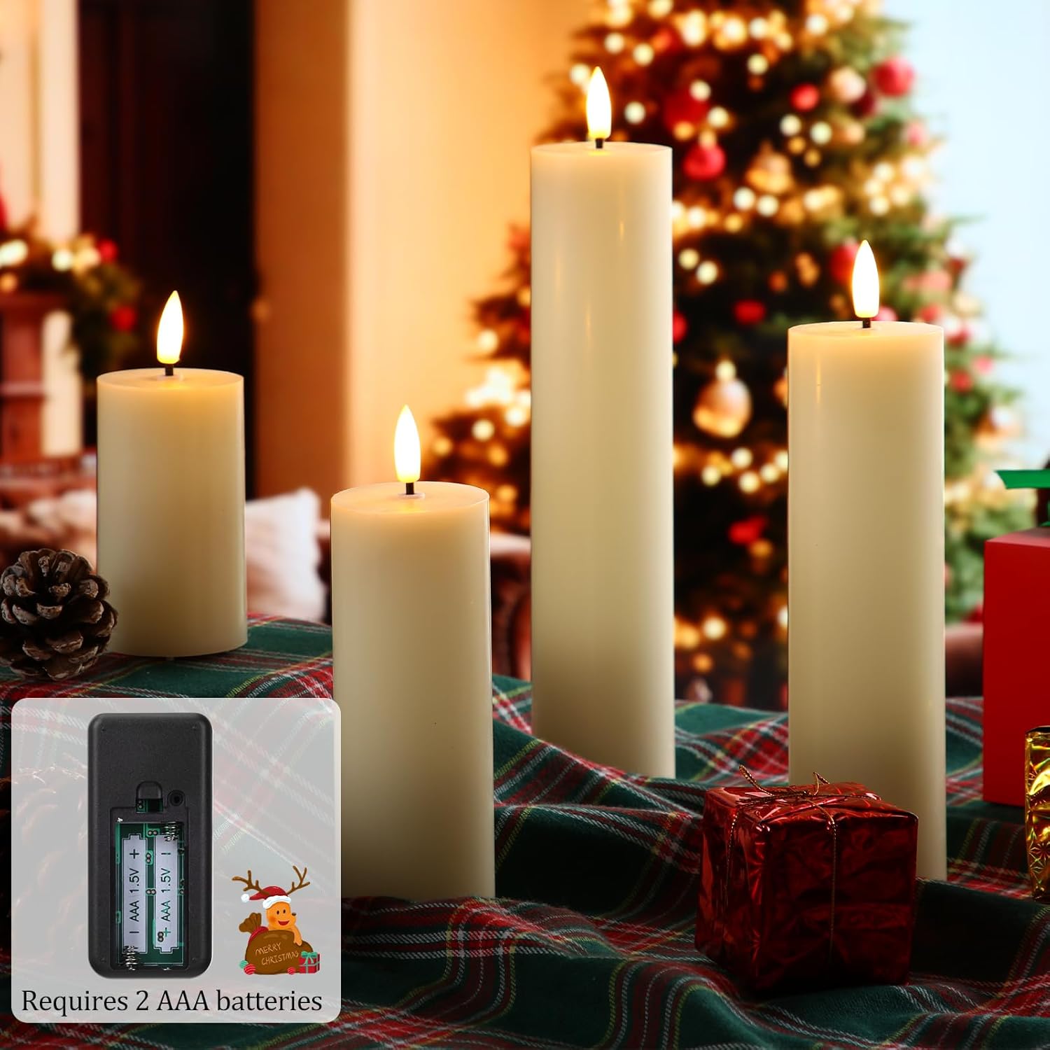 Retisee 8 Pcs Christmas LED Flameless Pillar Candles with Remote Battery Operated 3D Wick Flickering Fireplace Candle Indoor Decoration for Fall Christmas Winter, Ivory (4,6,8,and 10 Inches)