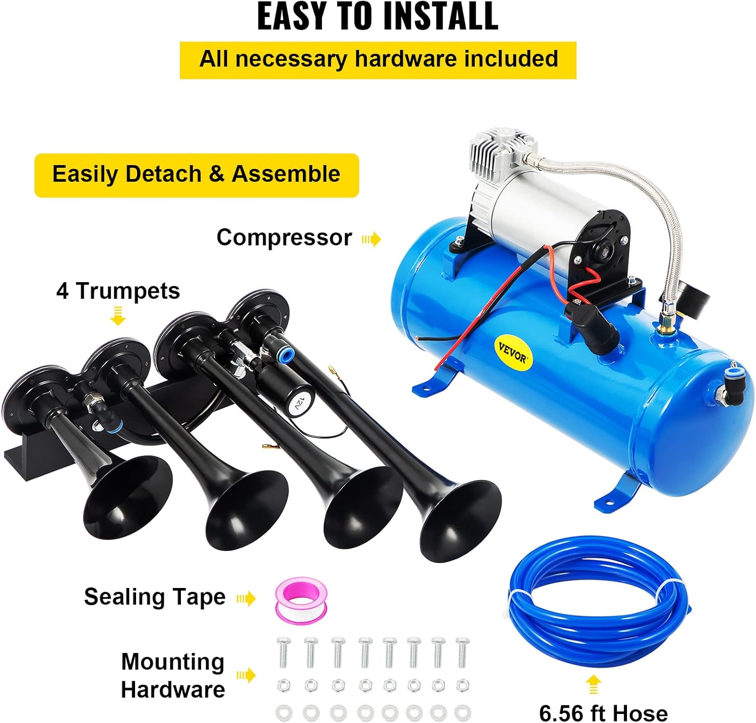 VEVOR Train Horn Kit components for easy installation: 4 Trumpets, Compressor, Sealing Tape, Mounting Hardware, Hose