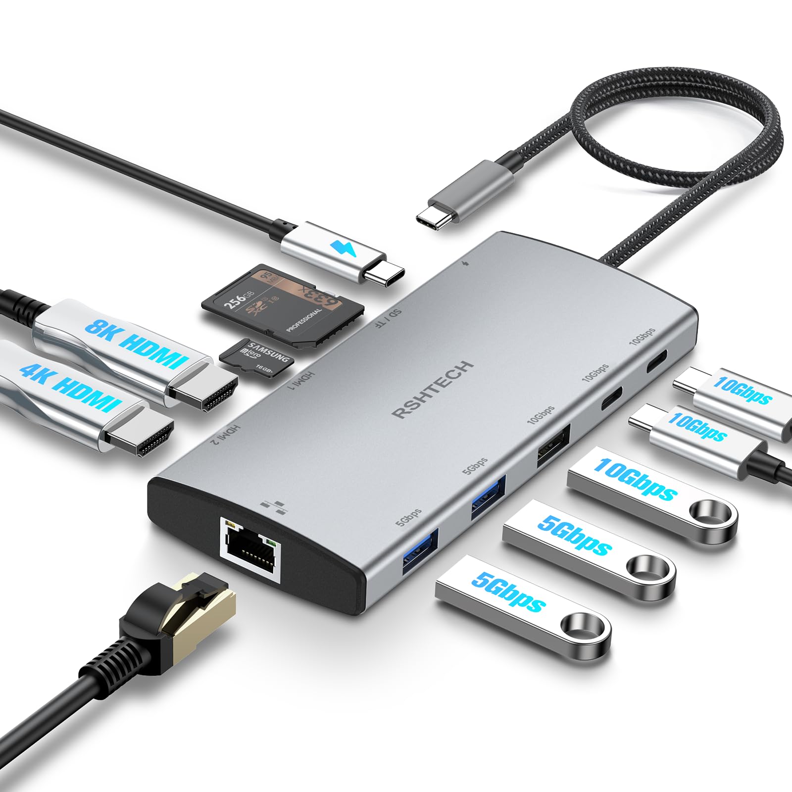 RSHTECH 11 in 1 MacBook Laptop Dockingstation mit 2 HDMI (8K und 4K), USB 3.2 und 3.0, 100W PD, SD/TF, Gigabit Ethernet - USB C Docking Station 2 Monitore - Geeignet für Windows, Linux und Mas OS