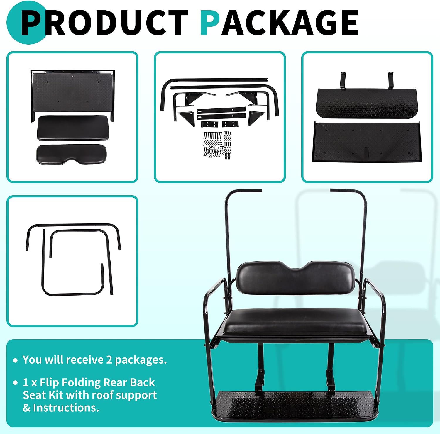 HECASA Golf Cart Rear Seat Kit w/Roof Support Compatible with 1995-Up EZGO TXT Freedom T48 Valor Black, NN2433