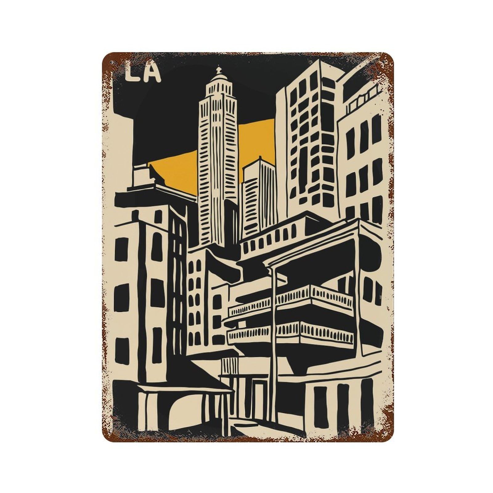 Garage Style Los Angeles Cityscape Illustration Distressed Metal Wall Sign 15.7"x11.8", Retro Wall Decor for Bar And Workshop