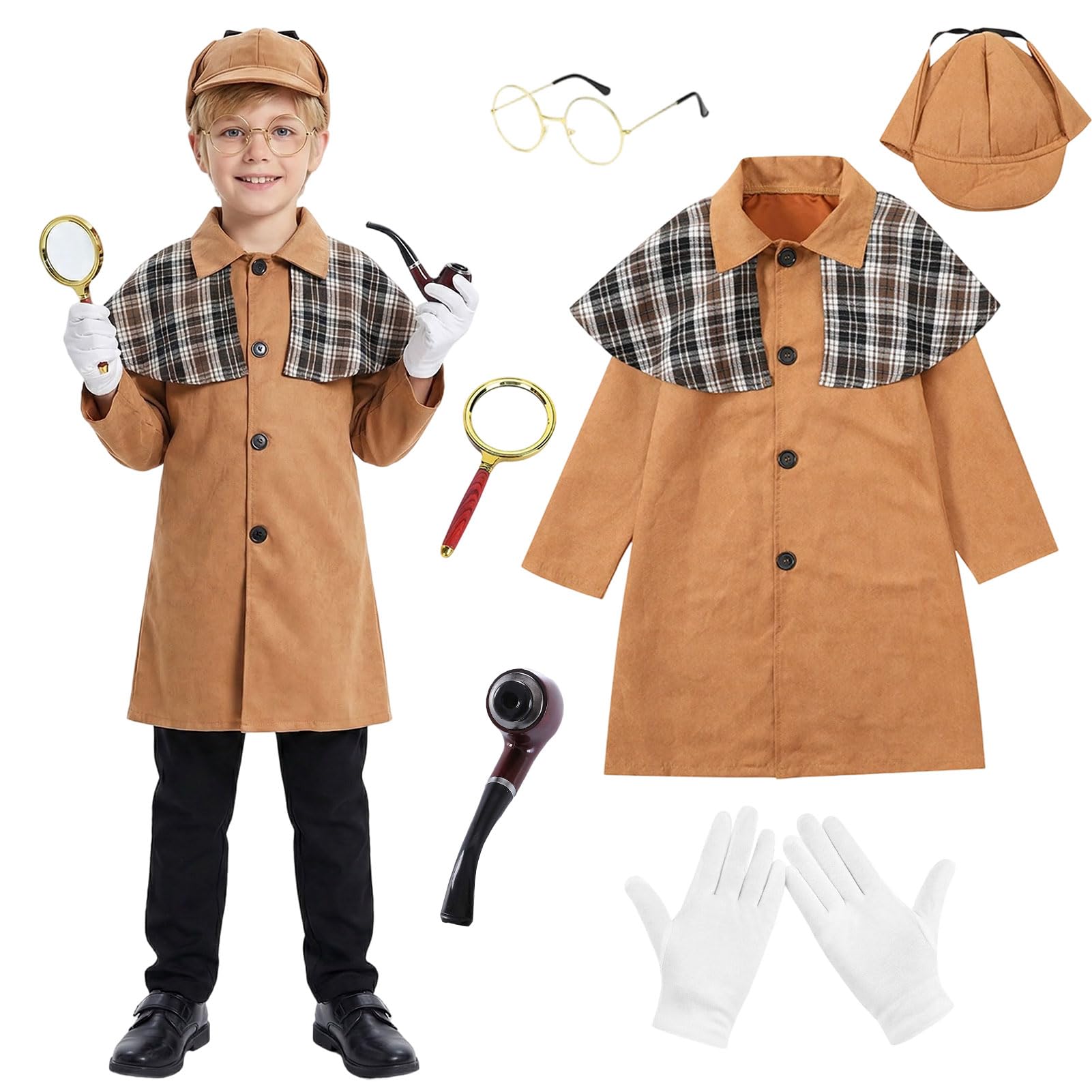 Meriviva Detective Costume Kids, Victorian Detective Costume Boys with Coat Hat Glasses Magnifying Glass Gloves