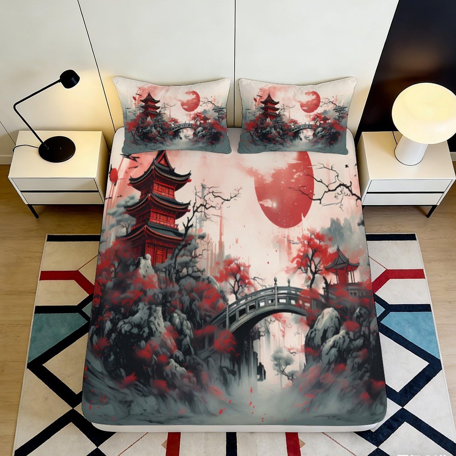 Pnayamiorkfel Style-1 3D Printed Japanese Pagoda Fitted Sheet Microfiber Artistic Red Moon Bridge Mattress Cover For Bedroom Guest Room Decor 90X200x25cm