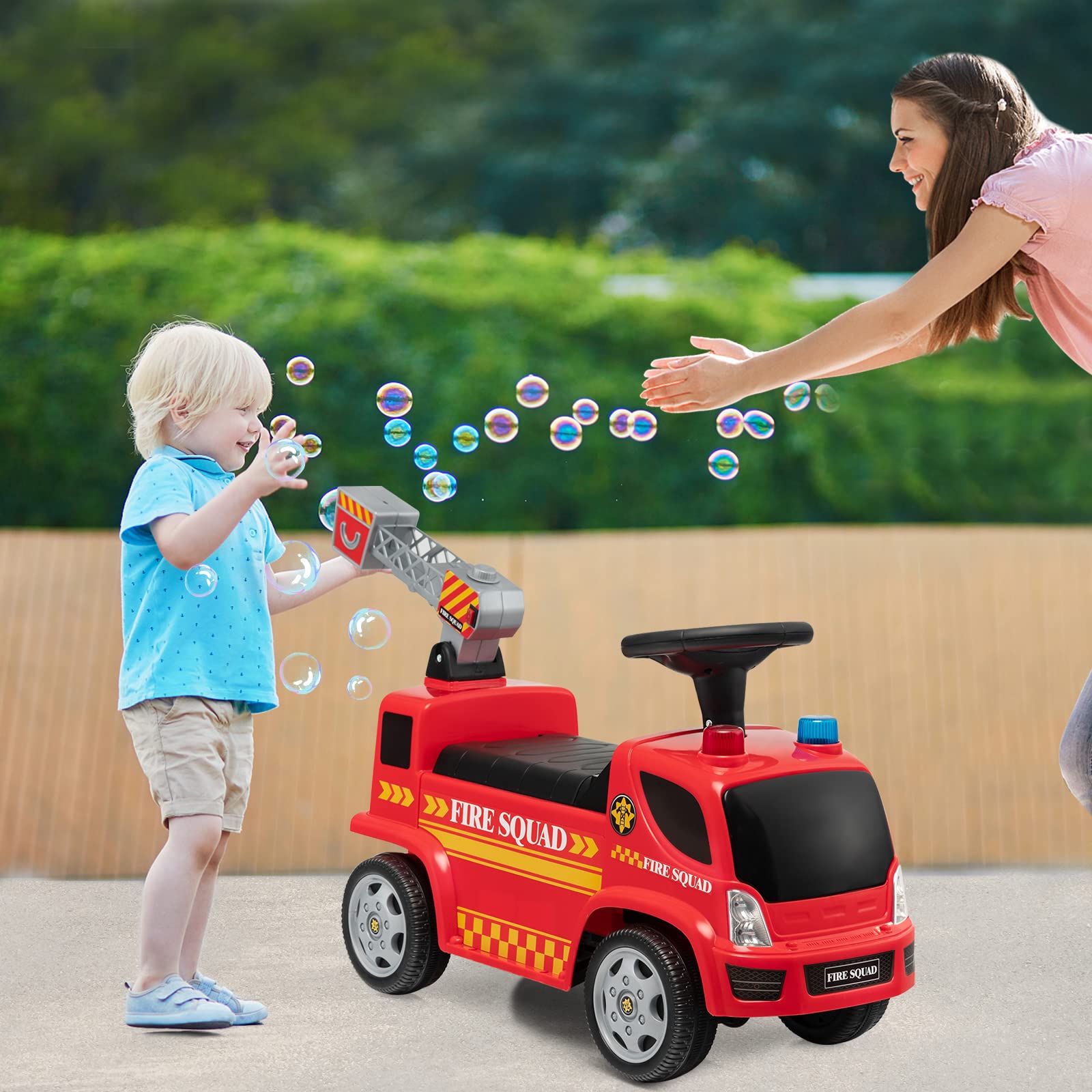 HOMGX Kids Ride On Fire Truck With Bubble Maker, Foot-to-Floor Sliding Car, Music, Siren Sound, Flash Light & Ladder, Fire Engine Push Car for Toddler Boys Girls, Red