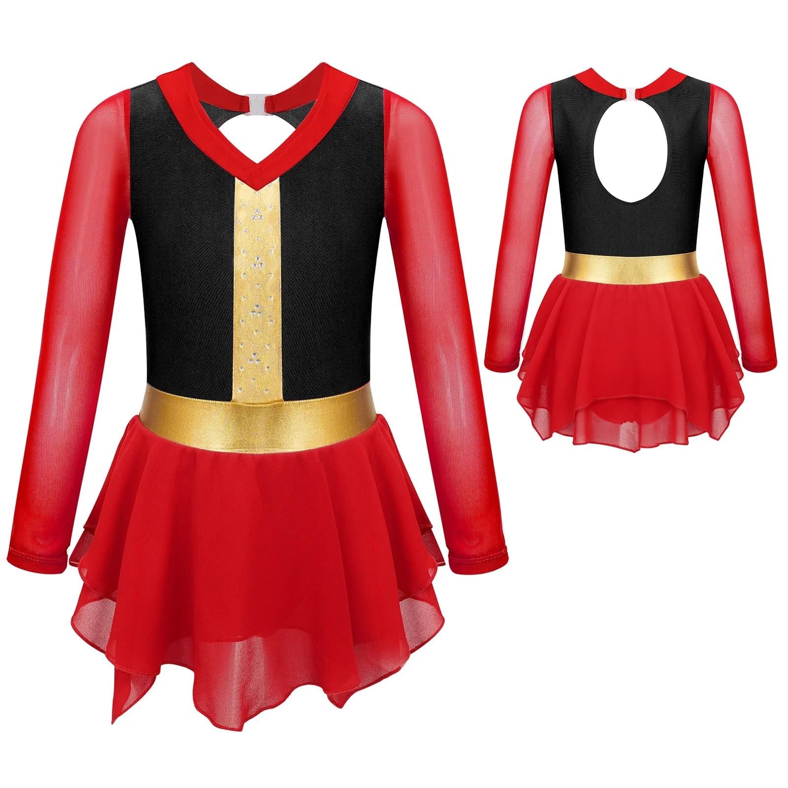 Turnanzug Mädchen Kurzarm Mädchen Ballettanzug ... Gymnastikanzug(Red Black D,10)