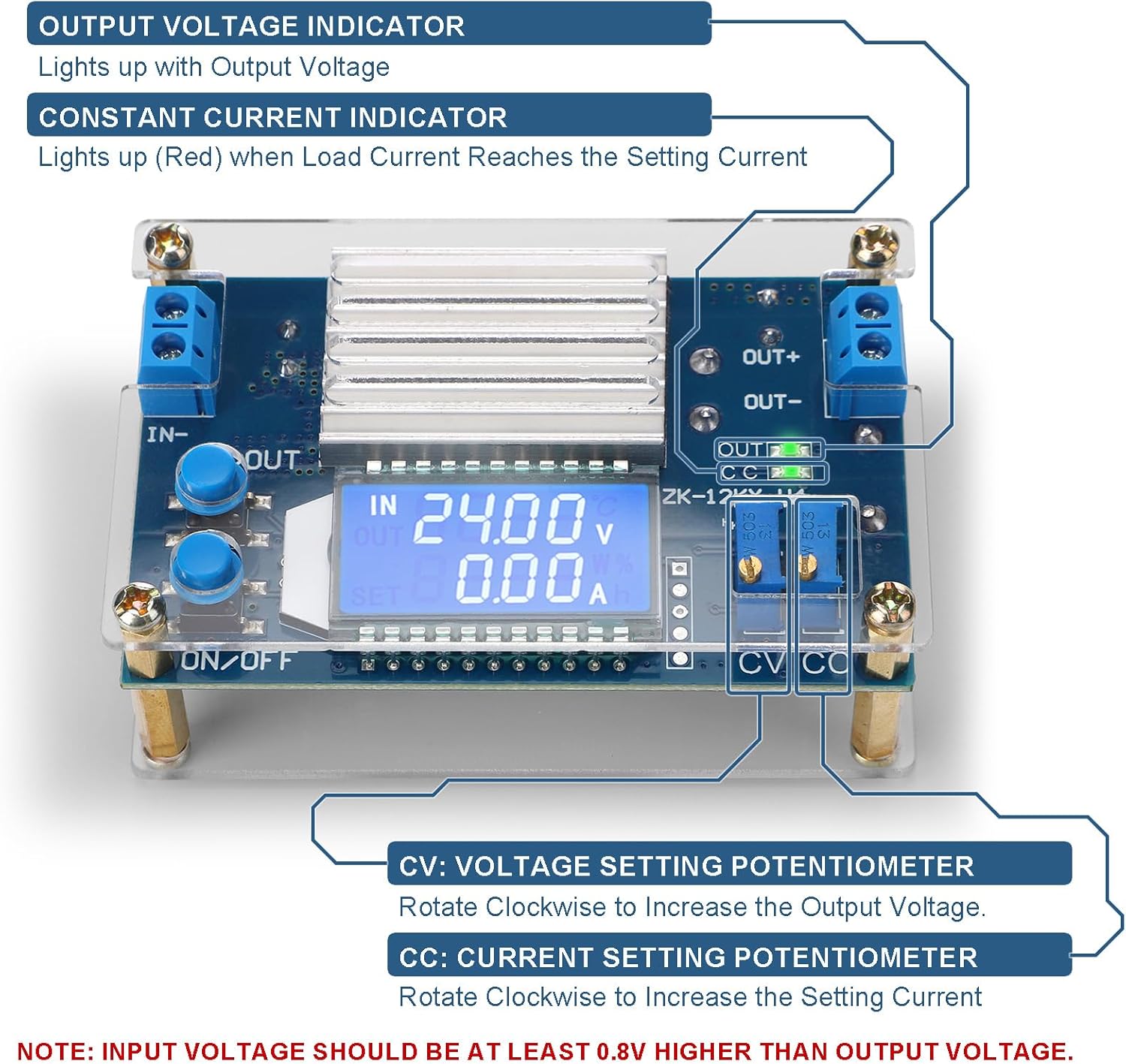 DROK DC Buck Converter CV and CC Potentiometers with Indicators