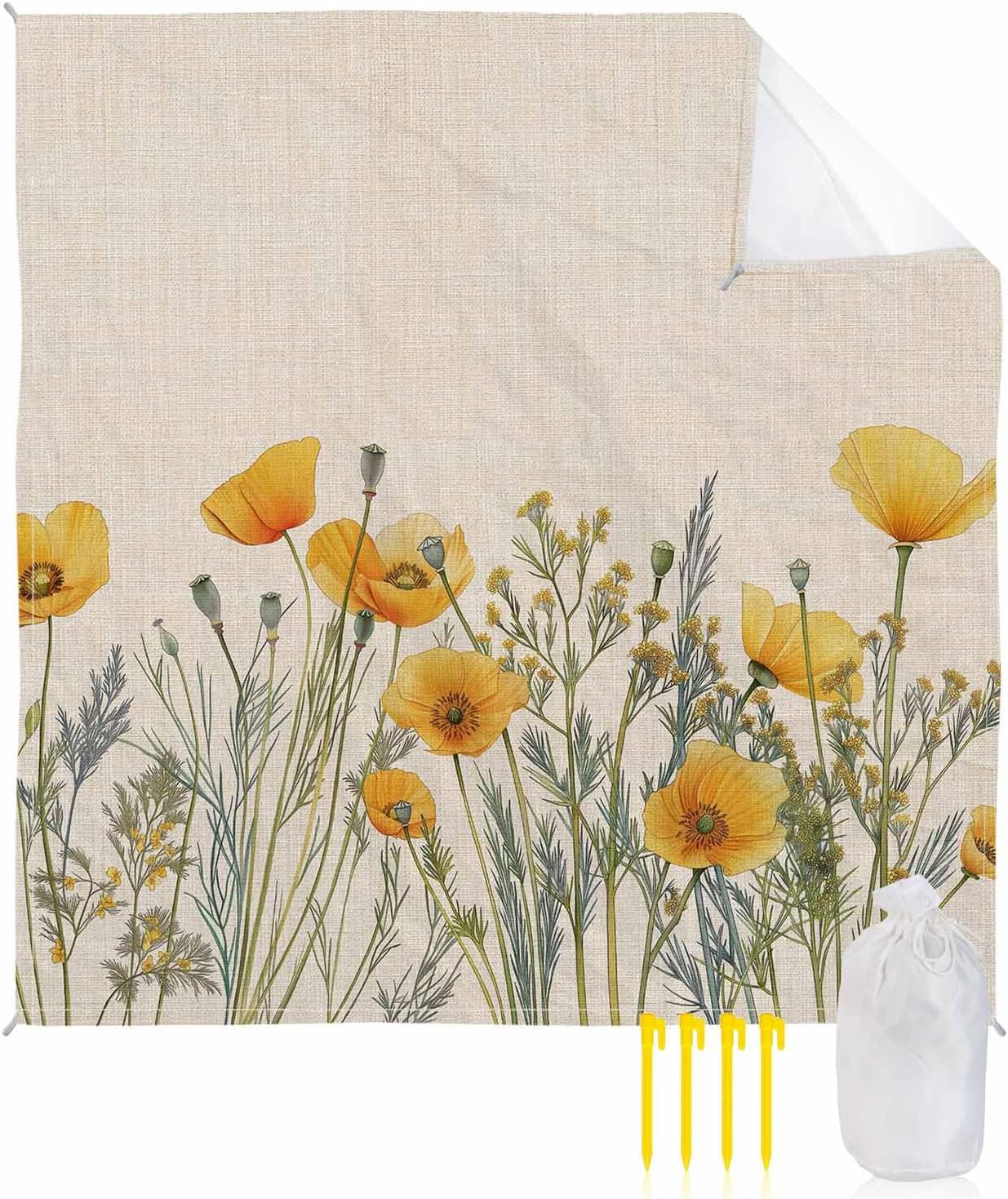 Beach Blanket Waterproof Sandproof Beach Mat,Yellow Watercolor Country Poppy Flower Picnic Blankets with Sand Pockets and Stakes,Green Plant Leaves on Vintage Linen Outdoor Pad for Seaside,Travel