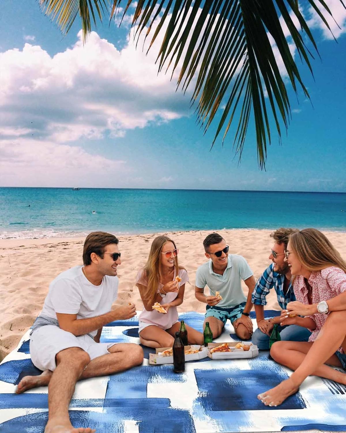Abstract Blue Gradient Geometric Pattern Beach Blanket Extra Large 95x80in Outdoor Waterproof Sandproof Picnic Blankets with Stakes Lightweight Beach Mat for Camping Travel Hiking,Modern Color Block