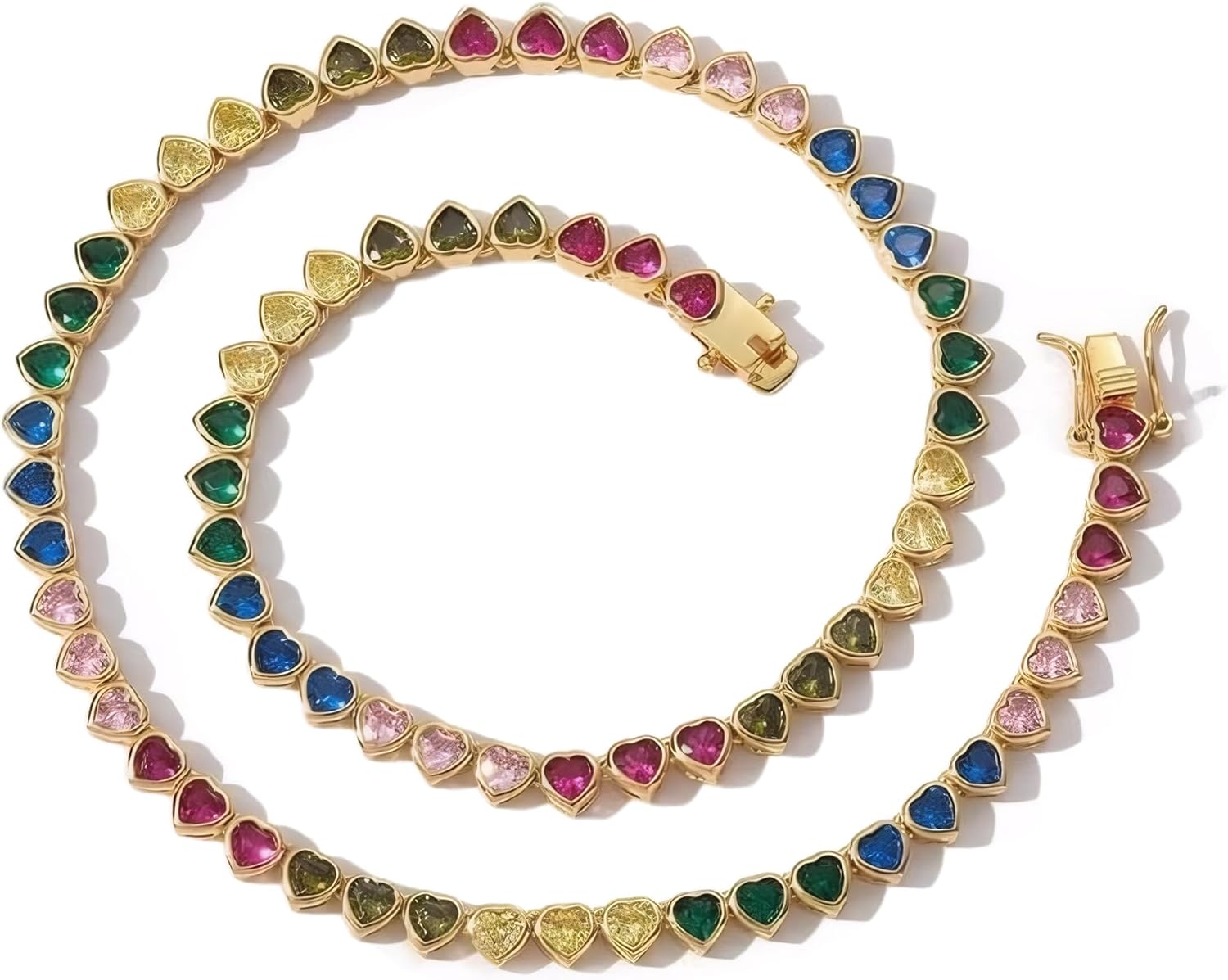 Rainbow Heart Tennis Chain Necklace, 18 Inch Iced Out CZ Crystal Colorful Choker, Trendy Hip Hop Jewelry Gift for Women