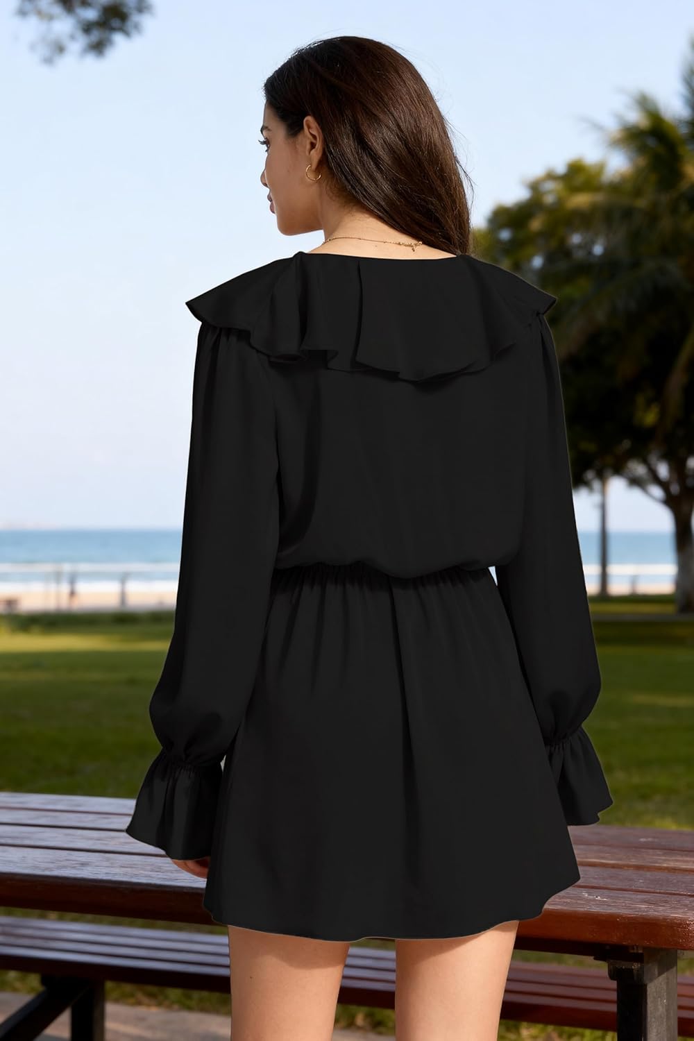 2026 Dresses for Women V Neck Puff Fall Long Sleeve High Waist Ruffle Casual A-Line Swing Mini Dress - Image 5