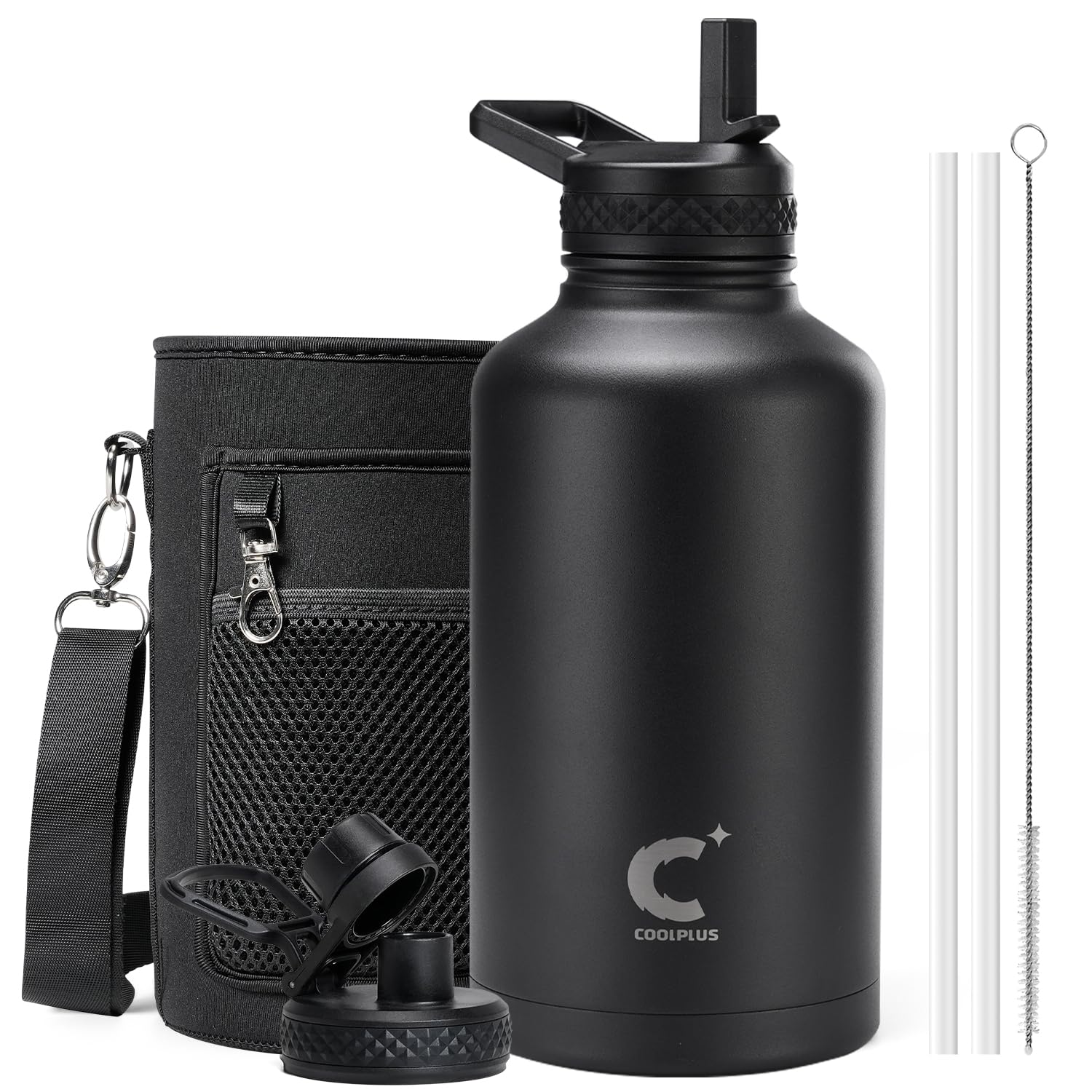 Coolplus Isolierflasche aus Edelstahl mit Strohhalm, doppelwandig, Vakuumflasche, mit Tragetasche, auslaufsicher, hält 48 Stunden kalt 24 Stunden heiß, Schwarz