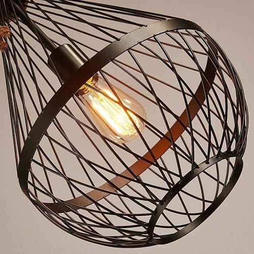 Miniatura 4 de Lámpara colgante de cuerda retro industrial de hierro con jaula de hierro negra, lámpara de celda ajustable antigua para comedor, cocina, isla sobre