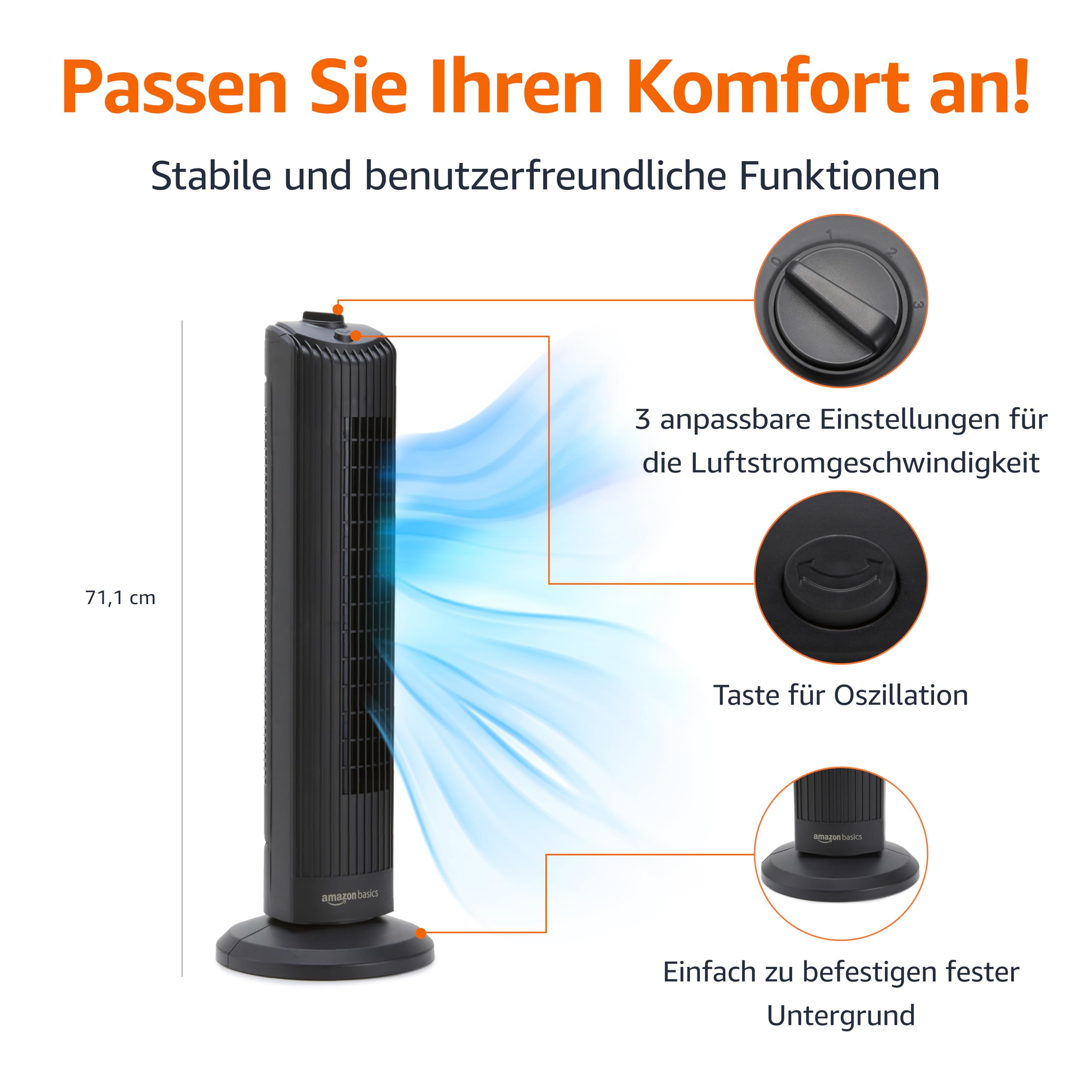 Amazon Basics Oszillierender Turmventilator 71 cm mit 60-Grad-Winkel für Schlafzimmer, Wohnzimmer, Büro, 3 Geschwindigkeiten, Intuitive Mechanische Steuerung, Mattschwarz, 35W, 71 cm x 24 cm x 24 cm
