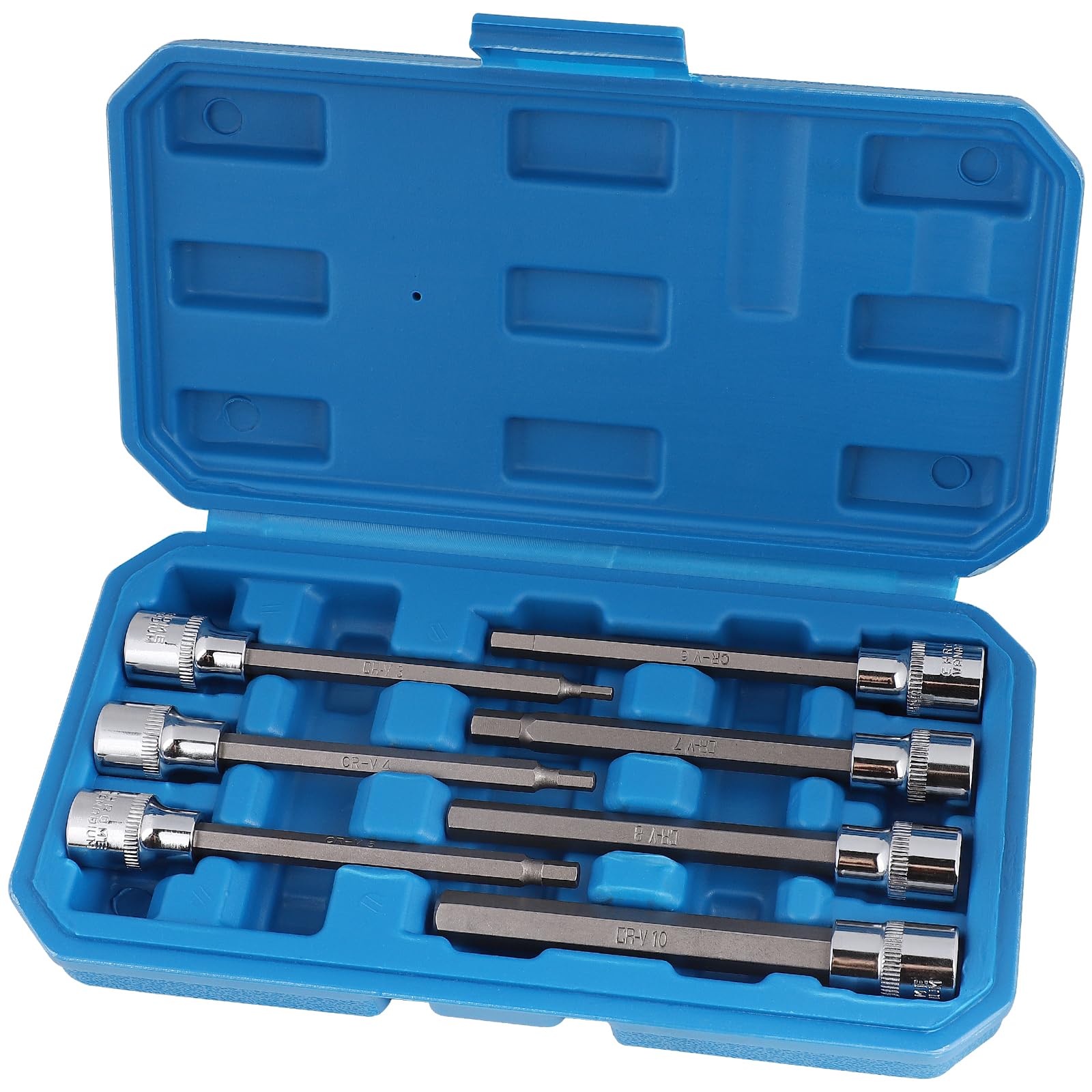 CPROSP 7 Pieces Long Hexagonal Sockets 3/8 Inch Extra Length 110 mm with 3/4/5/6/7/8/10 mm Socket in Chrome Vanadium Steel with Plastic Case