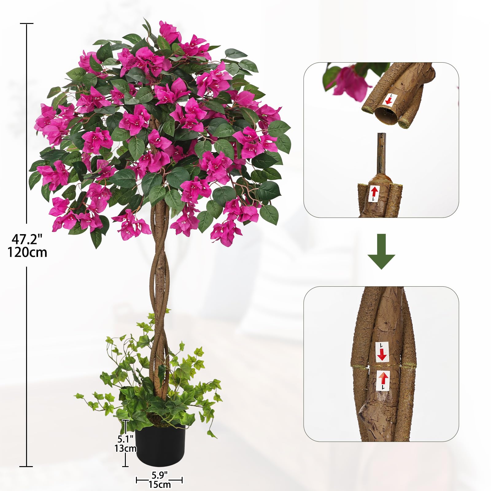 Árbol artificial de 120 cm de Bougainville con flores, planta artificial de triple flor, planta decorativa grande, plantas artificiales para interior, pasillo, sala de estar, dormitorio
