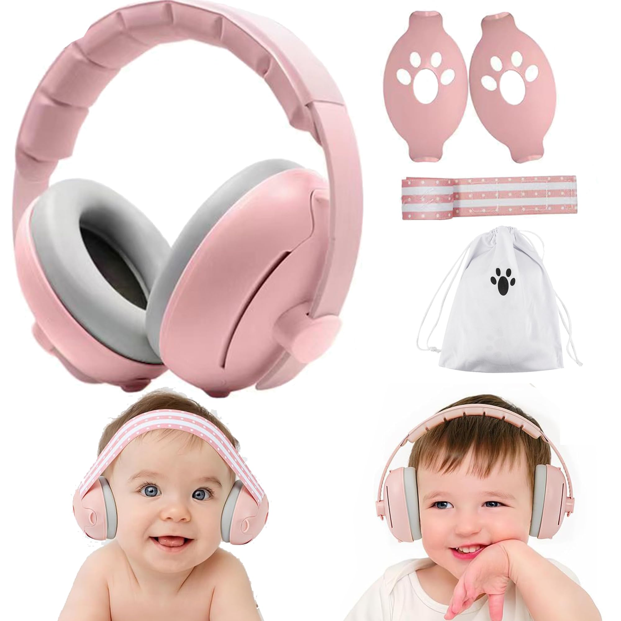 QSLKI Baby Ear Defenders 2-in-1 for 1-48 months, Adjustable Ear Defenders Children with Stretchy Band